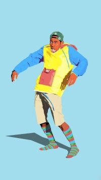 Illustrated phone wallpaper featuring a stylized depiction of a man with a dynamic pose, dressed in colorful clothes, associated with music and Tyler the Creator themes.