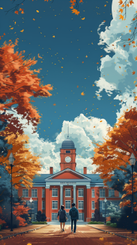 Autumn-themed high school illustration for phone wallpaper, featuring students walking towards a brick school building surrounded by colorful fall foliage.