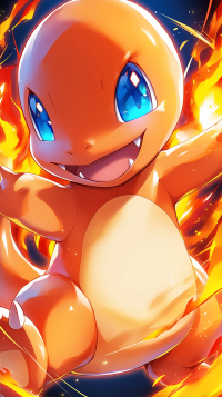 Vibrant Charmander Pokémon cartoon phone wallpaper featuring the fiery orange creature smiling with a dynamic flame background.