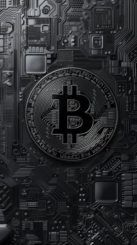 Stylish phone wallpaper featuring a Bitcoin symbol overlaying a detailed circuit board design, embodying the essence of cryptocurrency technology.
