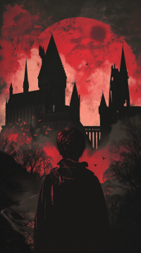 Dark silhouette of a person gazing at Hogwarts Castle under a red moon, Harry Potter themed phone wallpaper.