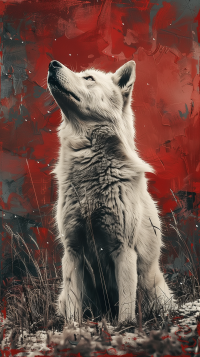 Artistic husky dog wallpaper for phones with a majestic husky looking upwards against a striking red and white abstract background.