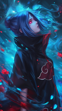Vibrant Konan fan art from Naruto series as a phone wallpaper featuring her in a red cloak with blue ethereal background.