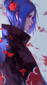 Phone wallpaper featuring artistic fan art of Konan from Naruto with blue hair and red flowers, perfect for anime enthusiasts.
