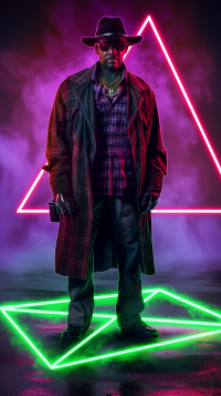 Stylish man in a hat and coat standing amidst vibrant neon triangle lights, ideal for a cool and modern phone wallpaper.