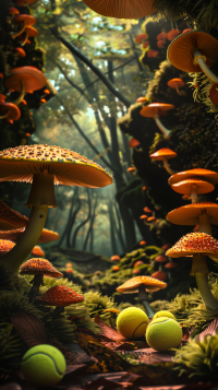 Enchanted forest scene with mushrooms and tennis balls phone wallpaper.
