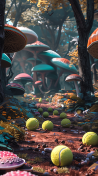 Enchanting phone wallpaper featuring tennis balls scattered along a mystical forest path surrounded by oversized, colorful mushrooms.
