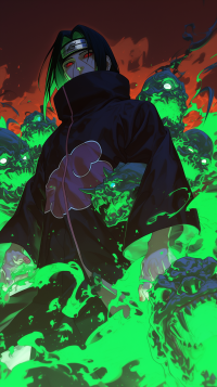 Itachi Uchiha stands confidently amidst swirling green and dark shadows, embodying the powerful Uchiha Clan from Naruto, captured in a striking phone wallpaper.