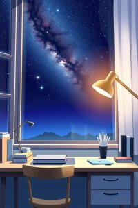 Cozy anime phone wallpaper of a desk by a window, with a glowing lamp and a starry night sky filled with the Milky Way.