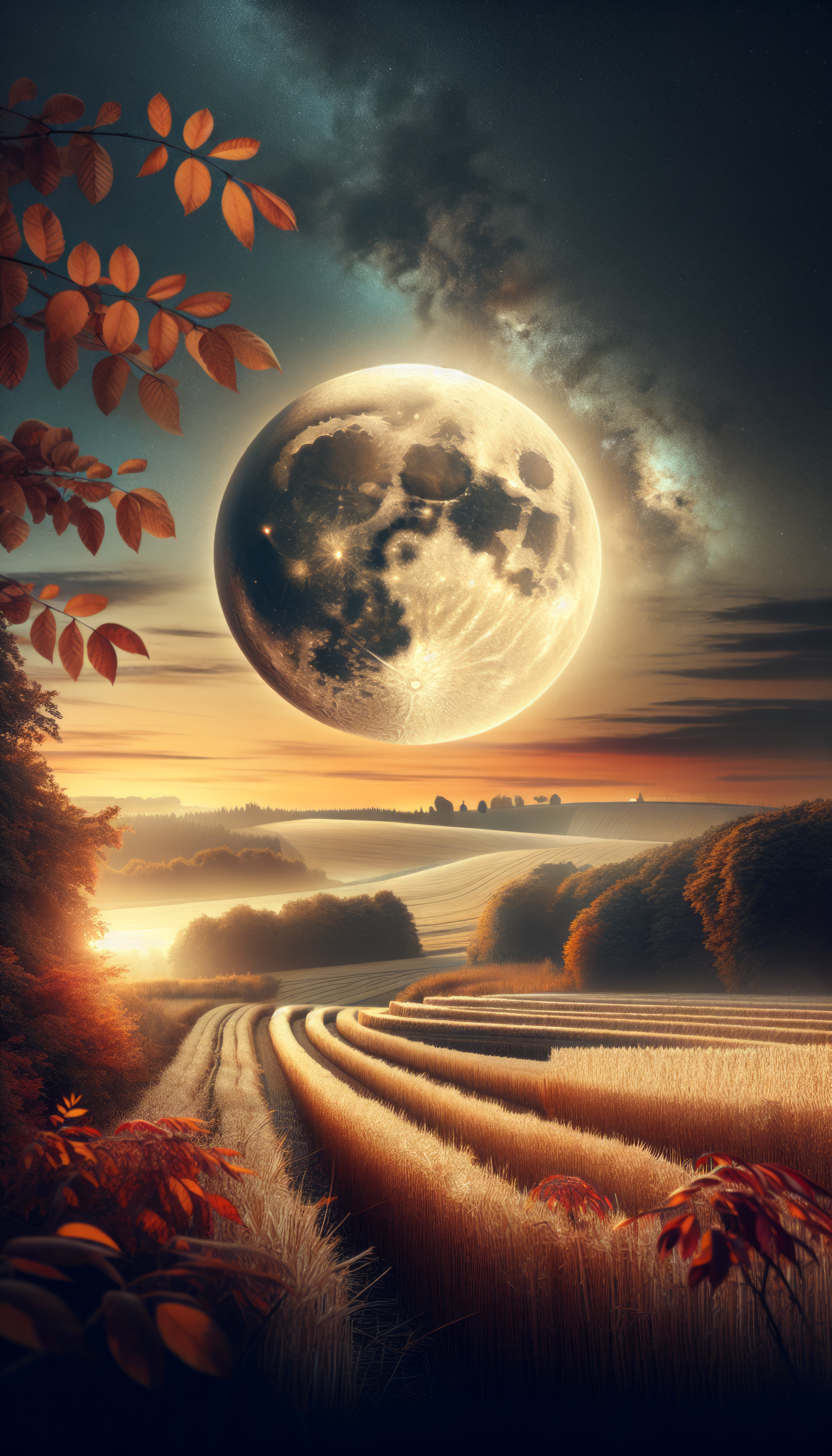 Stunning Harvest Moon wallpaper for phone, showcasing a large moon over rolling autumn fields at dusk.