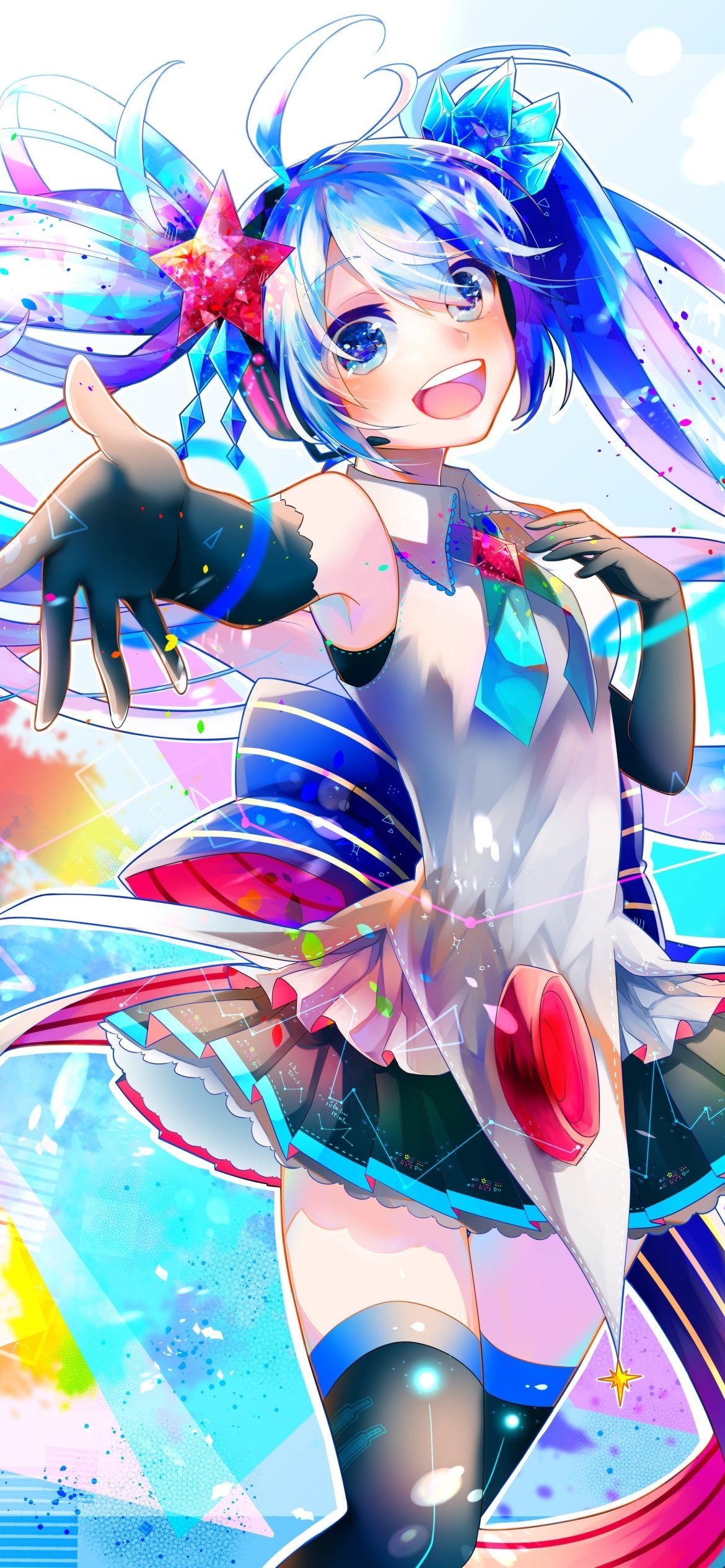 Colorful anime-style phone wallpaper featuring Hatsune Miku from Vocaloid, with bright blue hair, star accents, and dynamic pose, designed for iPhone and Android displays.