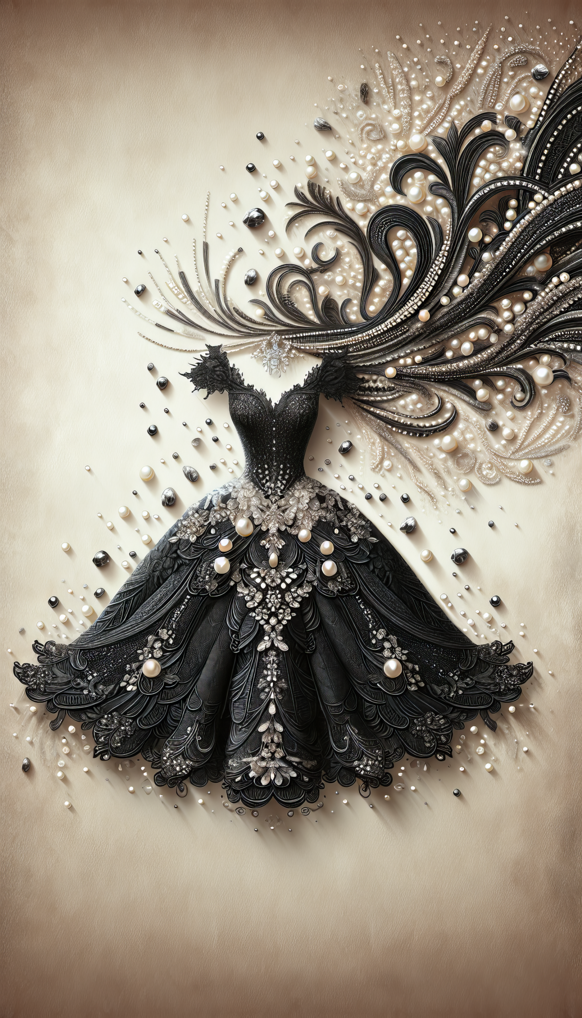 A stunning black dress illustration adorned with intricate patterns and pearls, designed as an elegant phone wallpaper, showcasing artistic flair and sophistication.