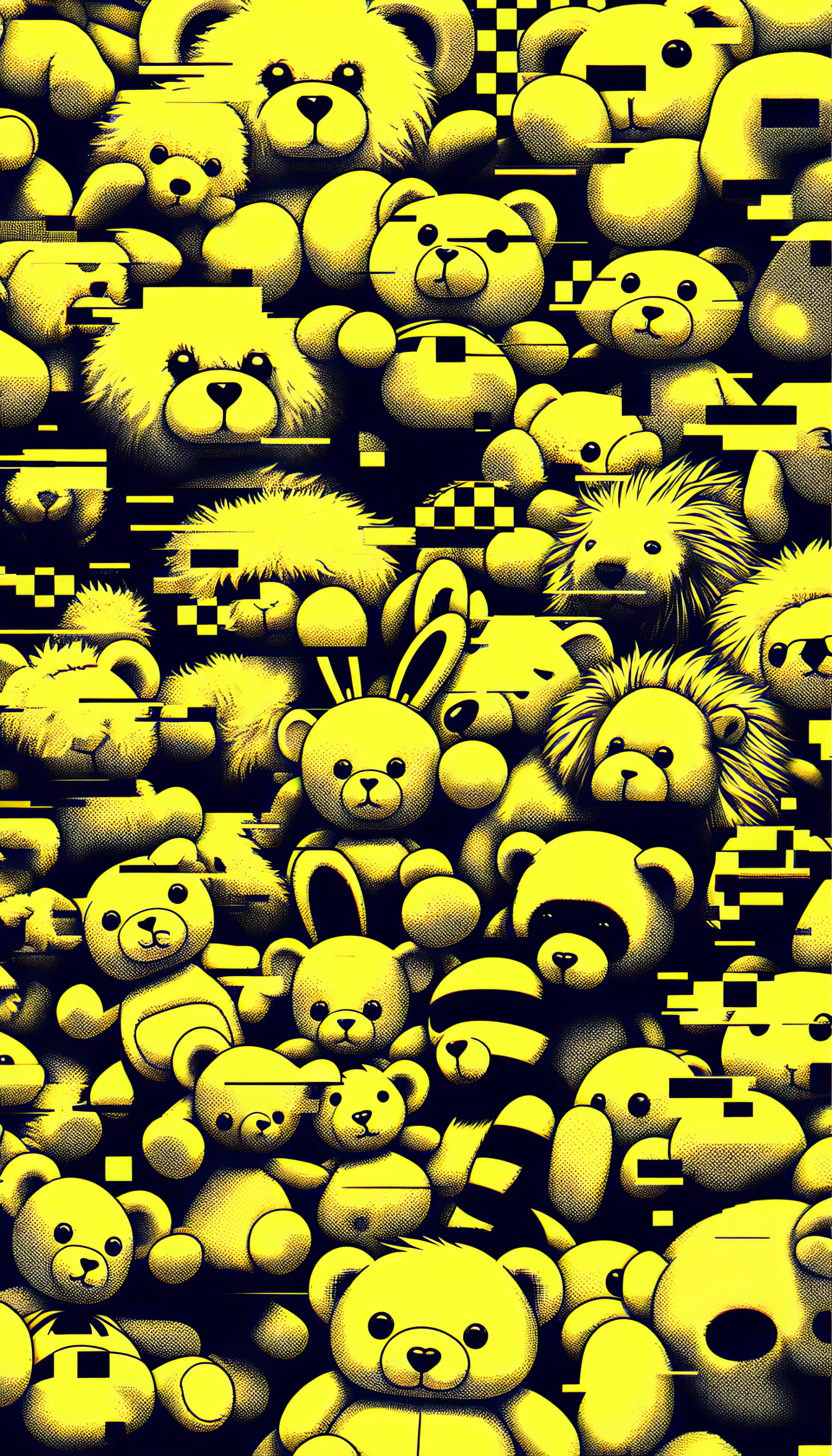 A vibrant phone wallpaper featuring a playful arrangement of stuffed animals in shades of yellow, showcasing various designs like bears, lions, and bunnies.