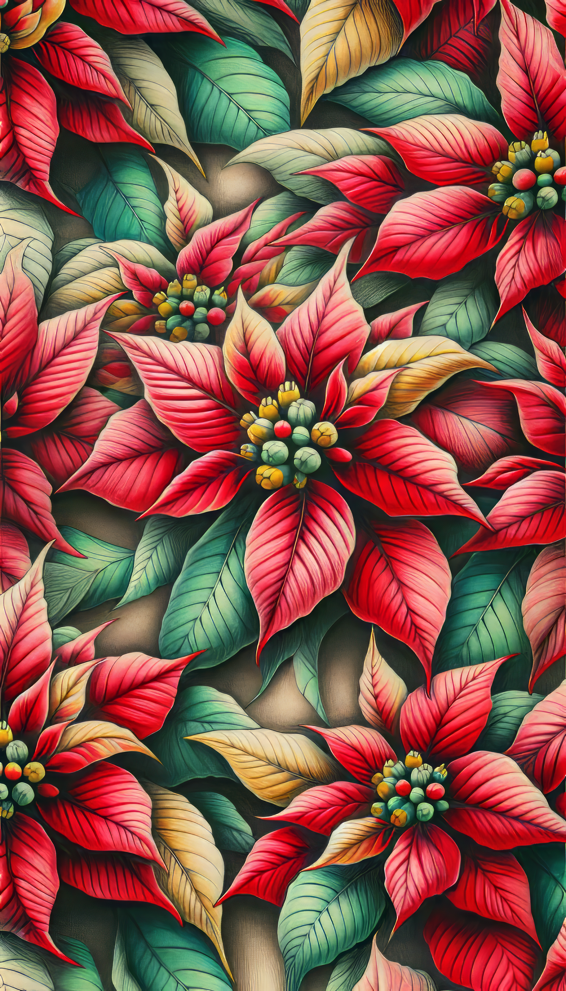 Colorful poinsettia phone wallpaper showcasing vibrant red and green floral pattern.