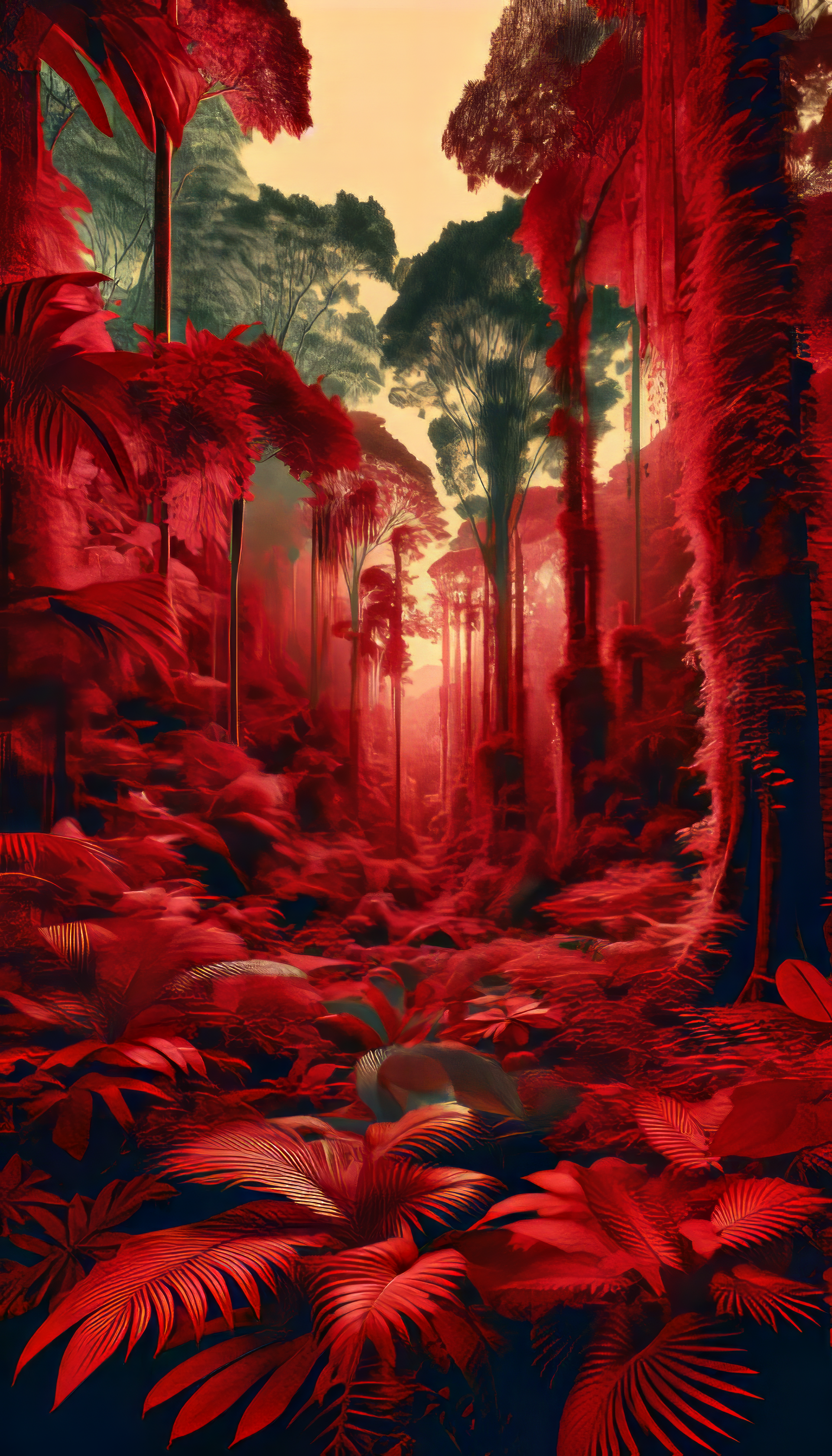 Mystical red-toned rainforest scenery as a phone wallpaper, with silhouettes of tall trees and lush foliage bathed in ethereal light.