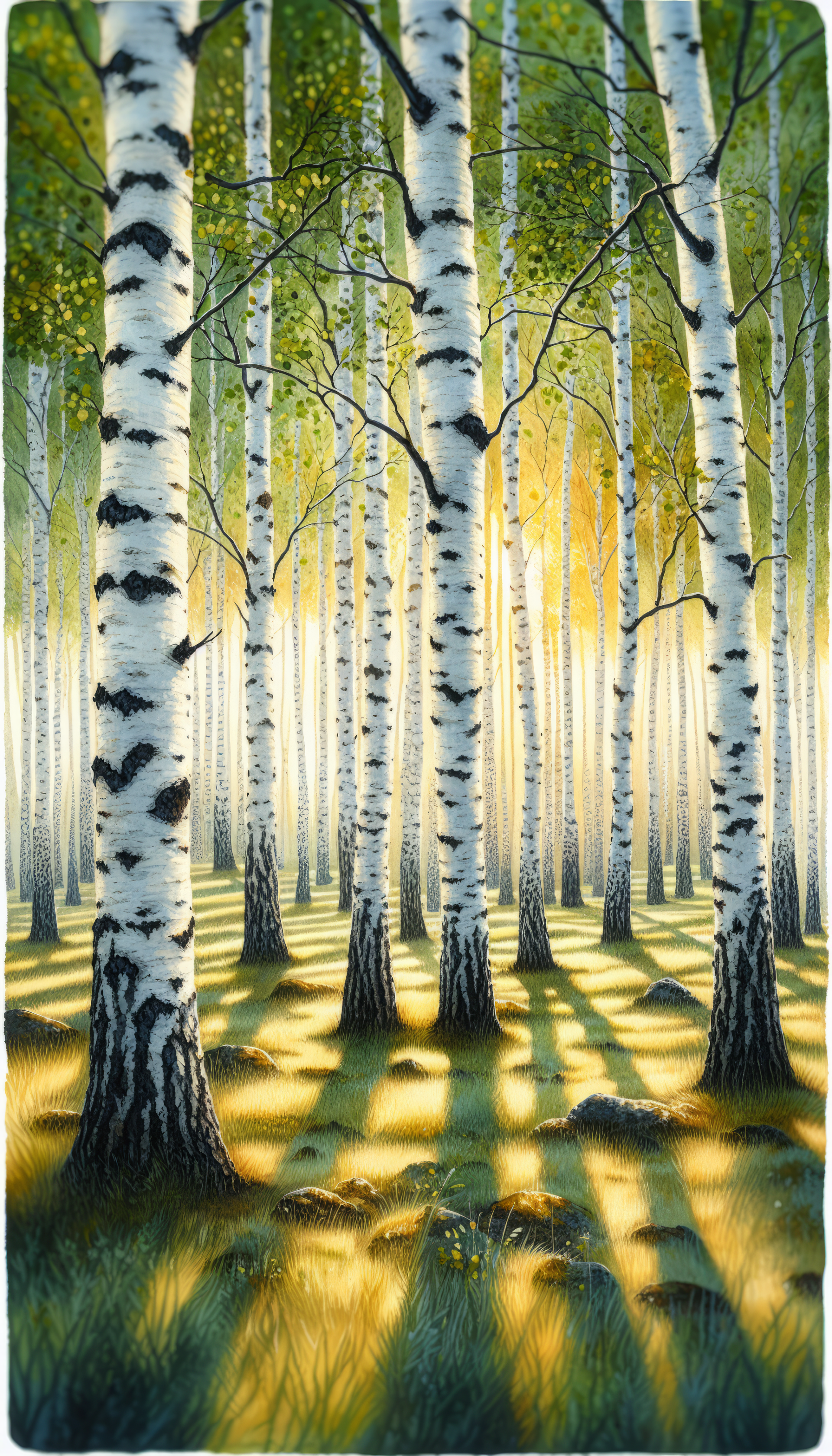 A serene birch forest at sunrise, with sunlight streaming through the trees, casting gentle shadows on the ground, creating a tranquil phone wallpaper.