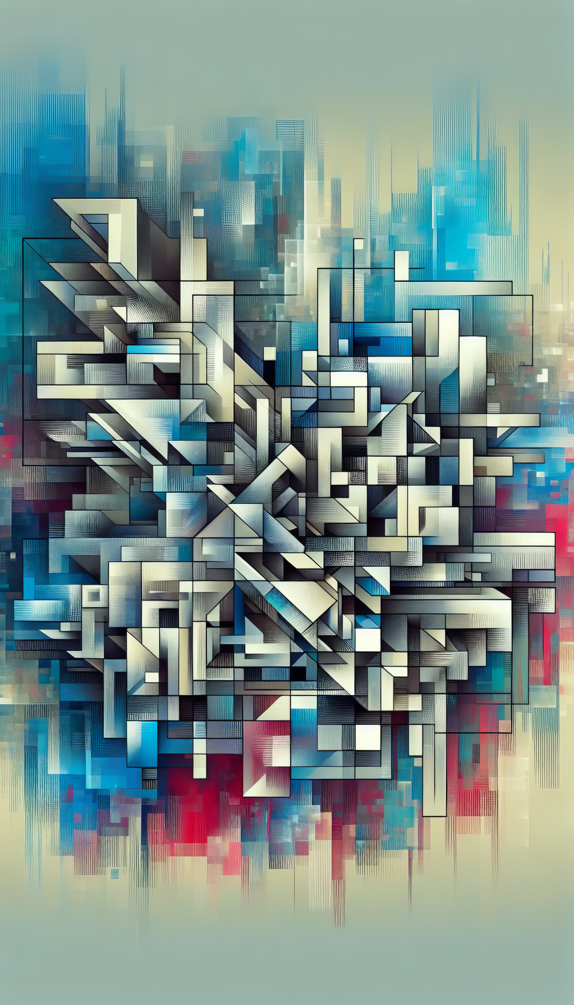 Abstract 3D geometric shapes wallpaper for smartphone with blue and red accents.