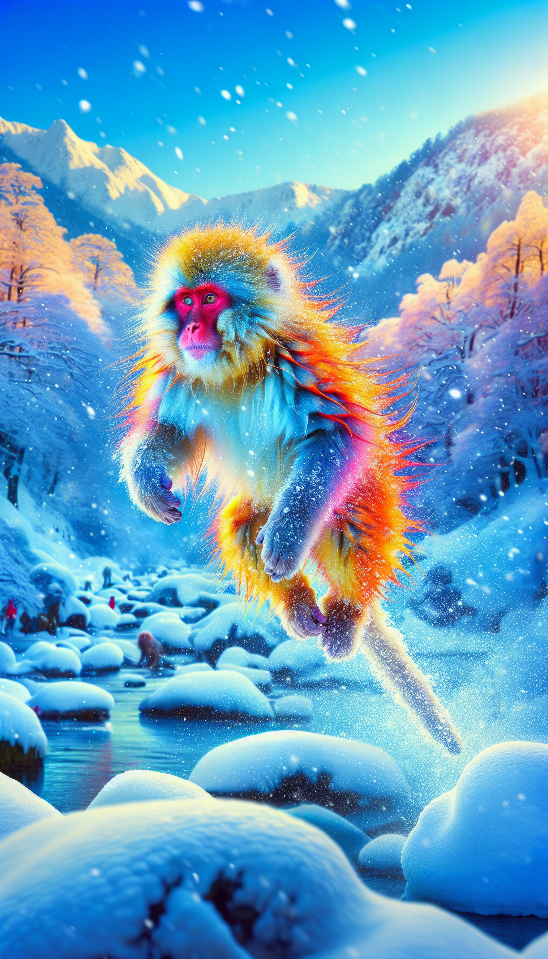 A vibrant snow monkey leaps gracefully over a snowy river, surrounded by a stunning winter landscape. This lively scene makes an eye-catching phone wallpaper.