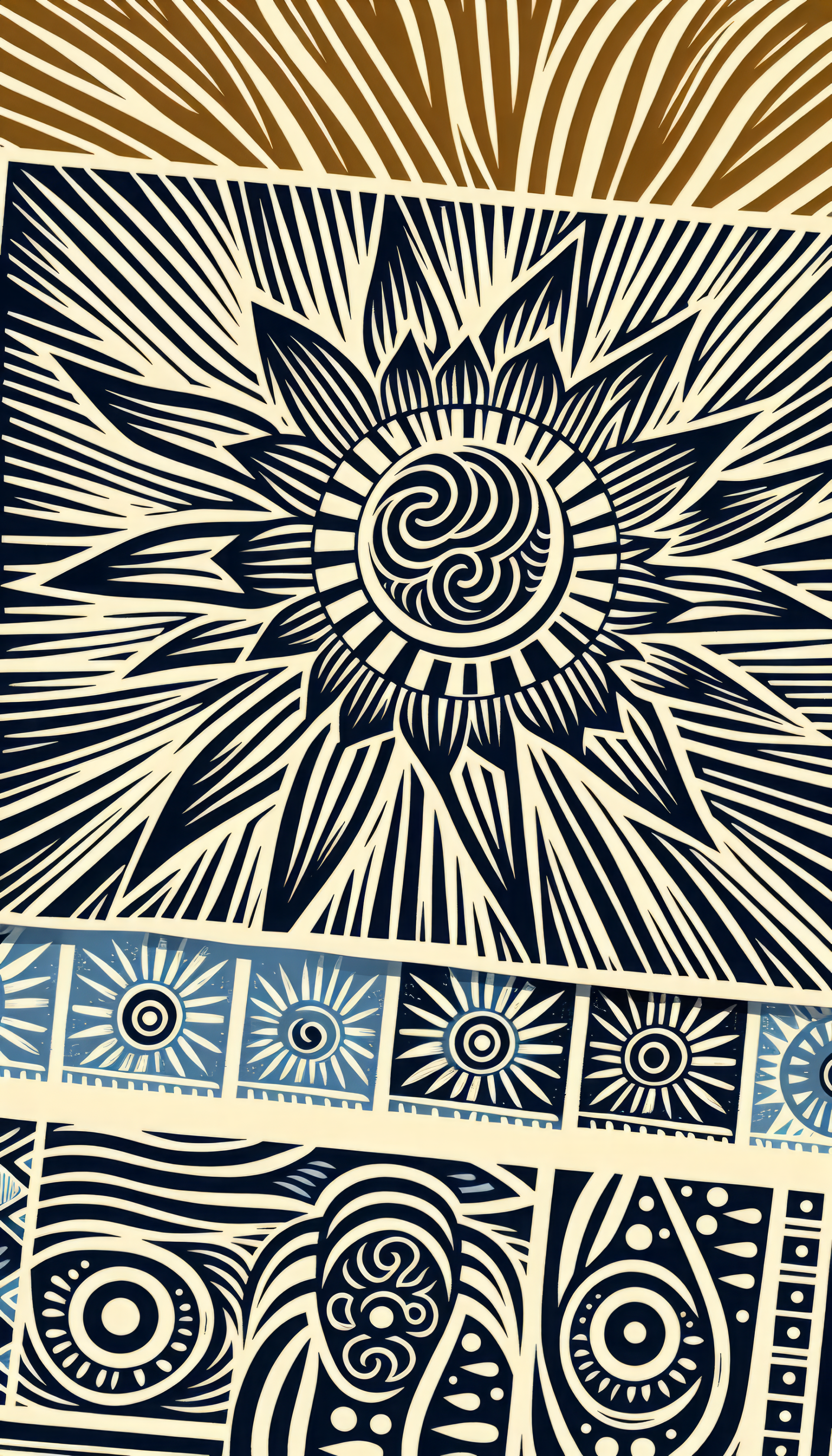 Sunshine-themed abstract art wallpaper for phones featuring a radiant sun design with tribal patterns in a warm color palette.