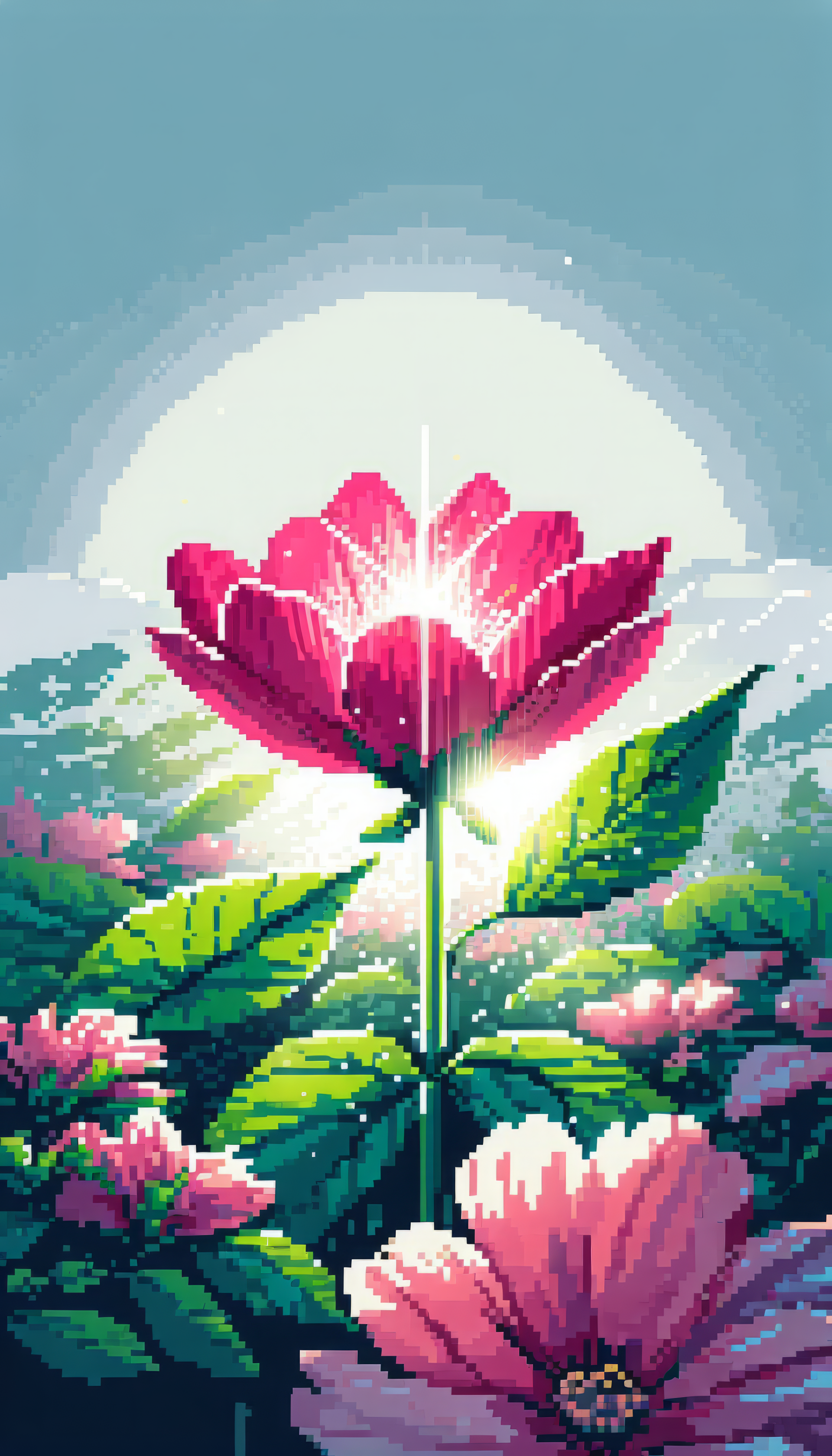 Vibrant pixel art of a pink flower for phone wallpaper with a serene nature backdrop.