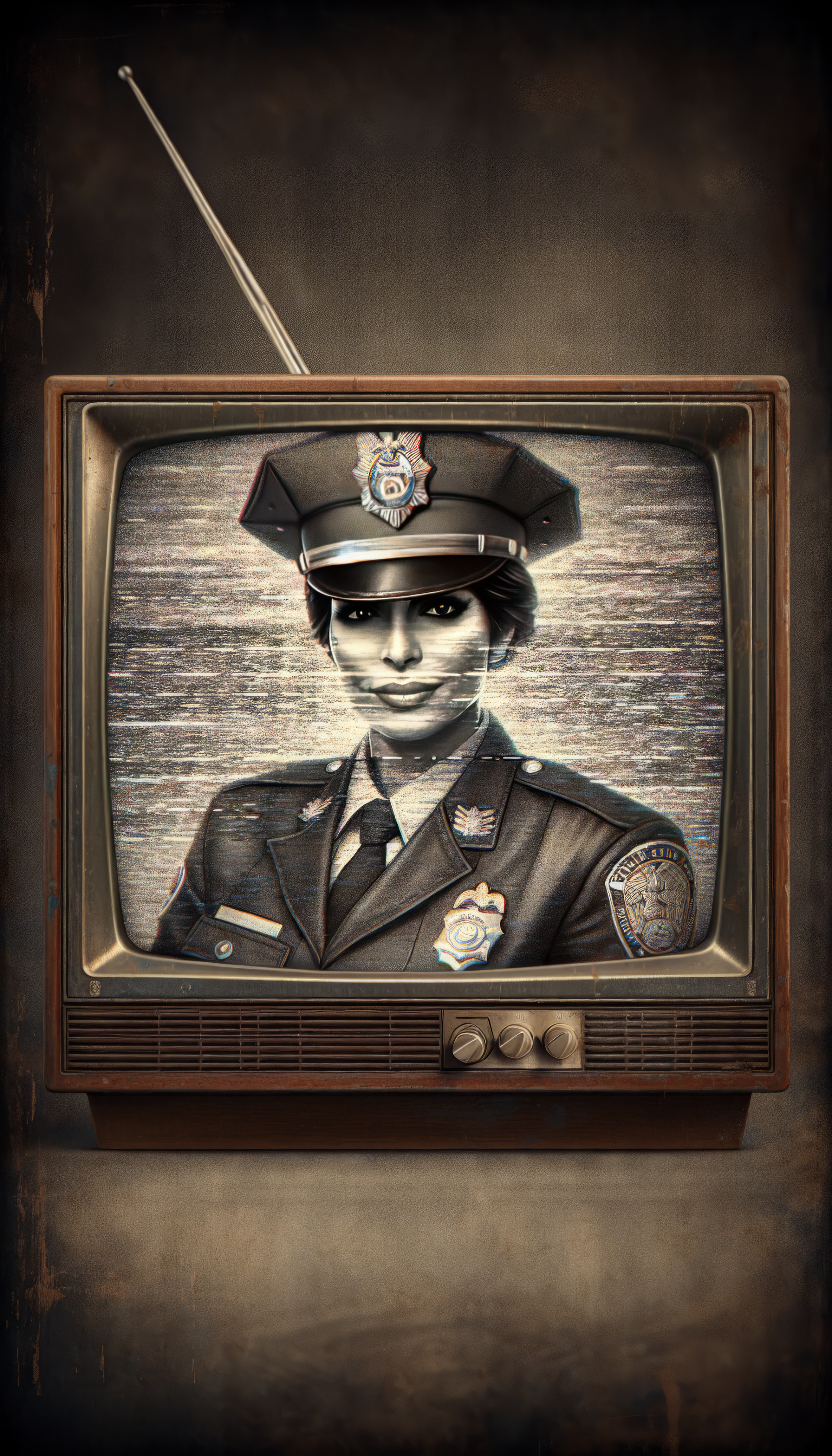 A vintage television displays a black-and-white portrait of a police officer, emphasizing a nostalgic and authoritative feel. This serves as an eye-catching phone wallpaper.