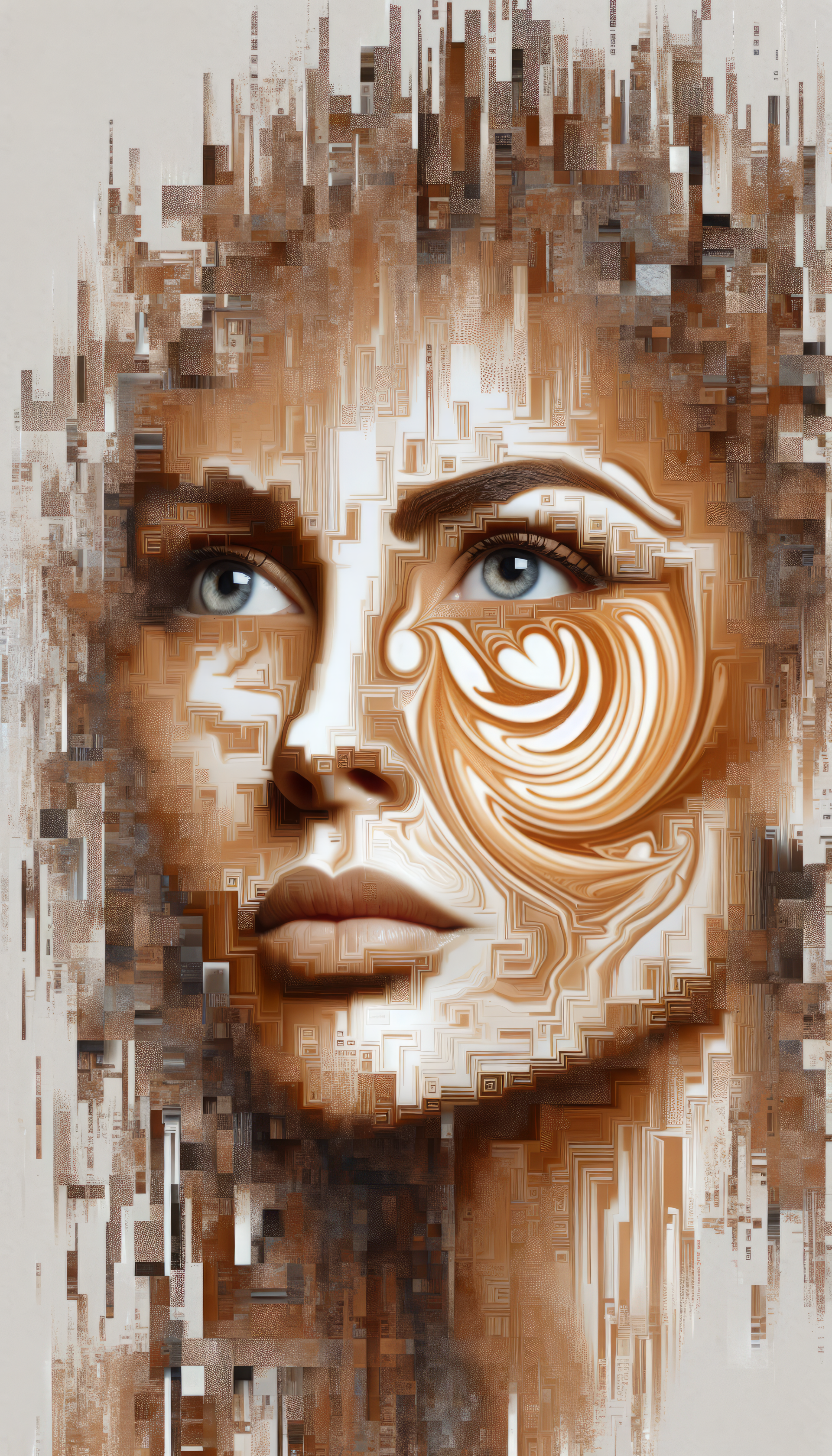 Abstract digital art portrait of a woman with glitch effect for phone wallpaper.