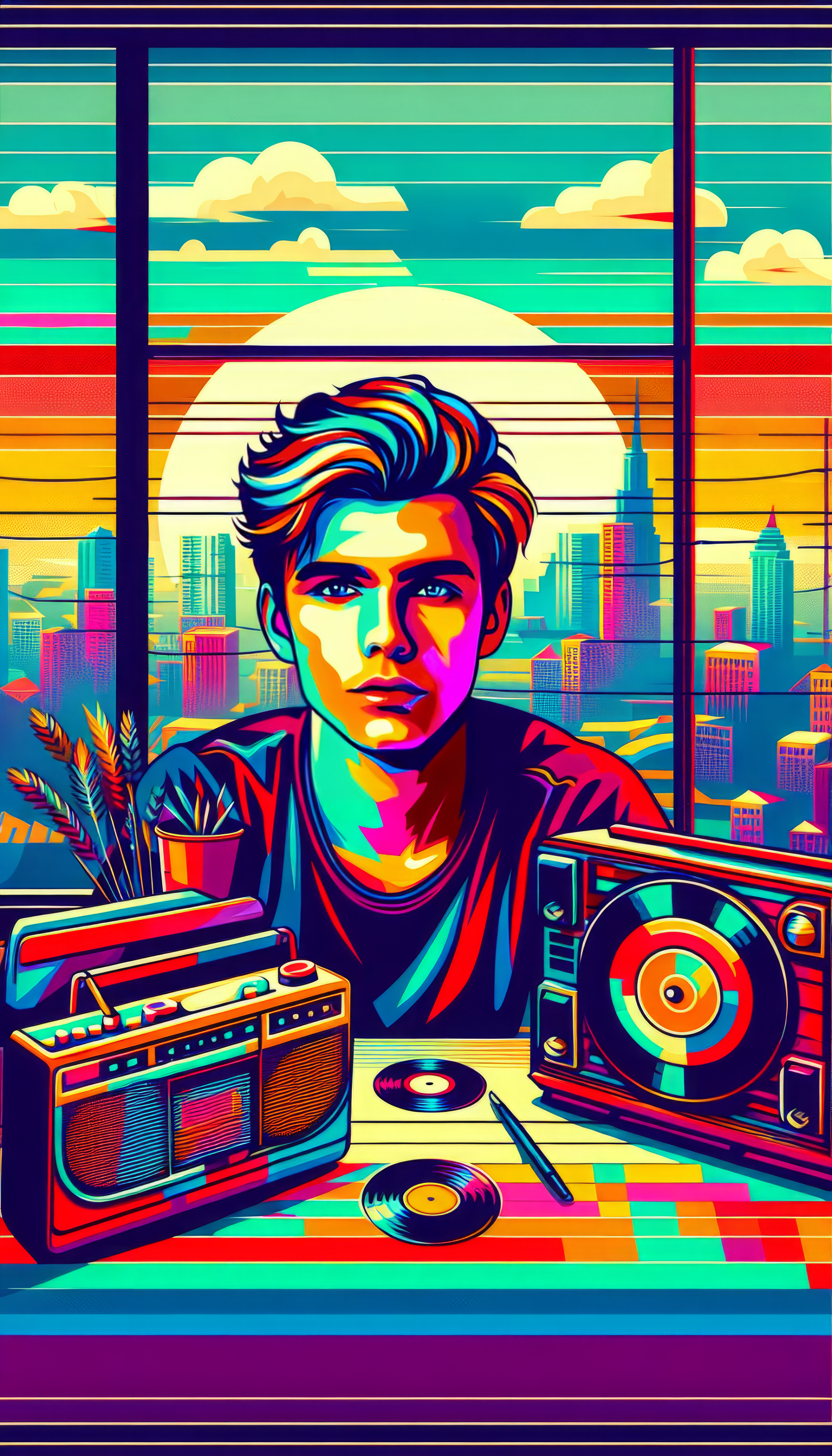 Colorful lofi style phone wallpaper featuring a person with a retro boombox and vinyl records with a cityscape in the background.