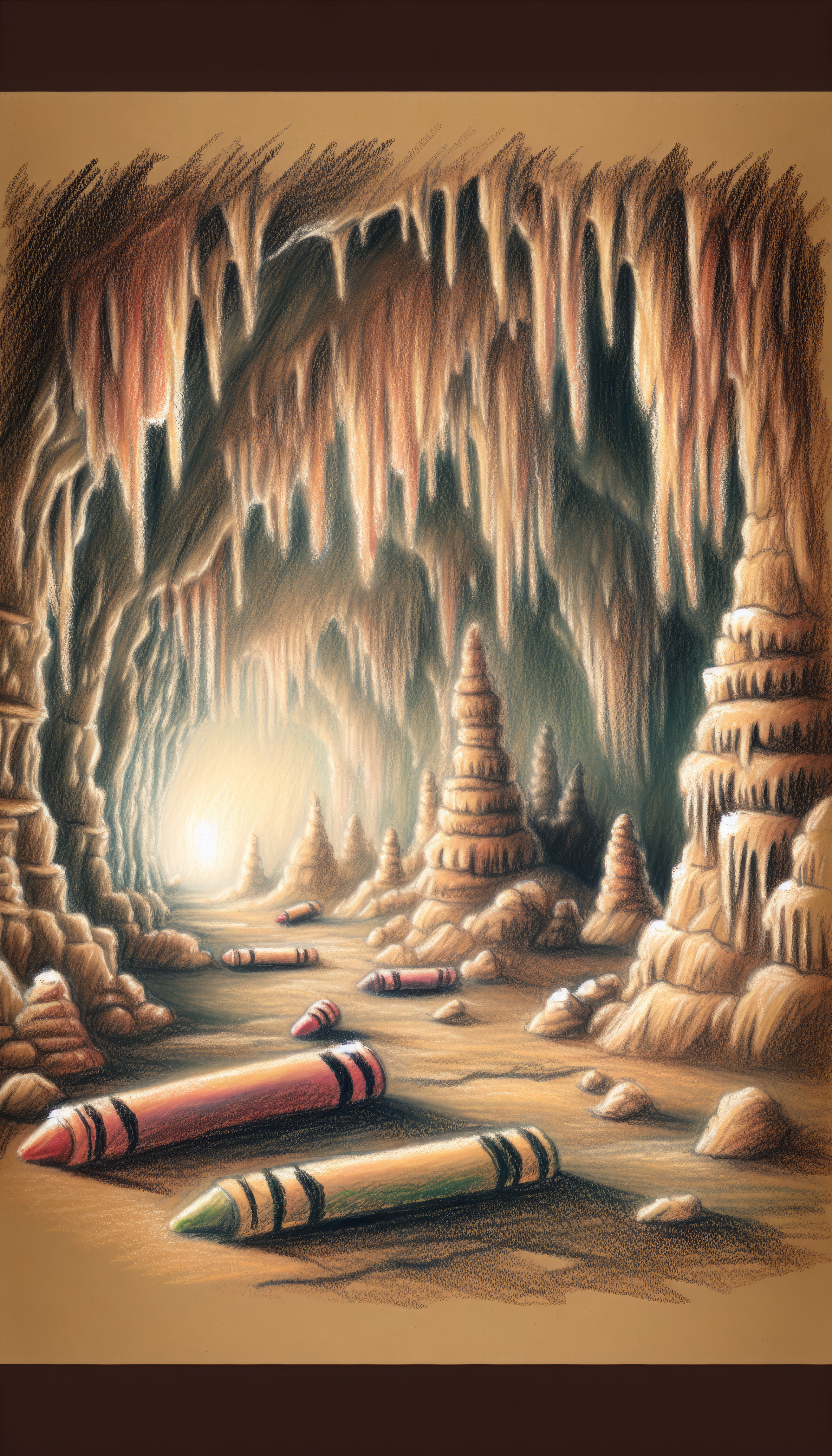 A vibrant cavern scene with colorful crayons scattered on the ground, illuminated by soft light, creates a unique phone wallpaper that combines imagination and whimsy.