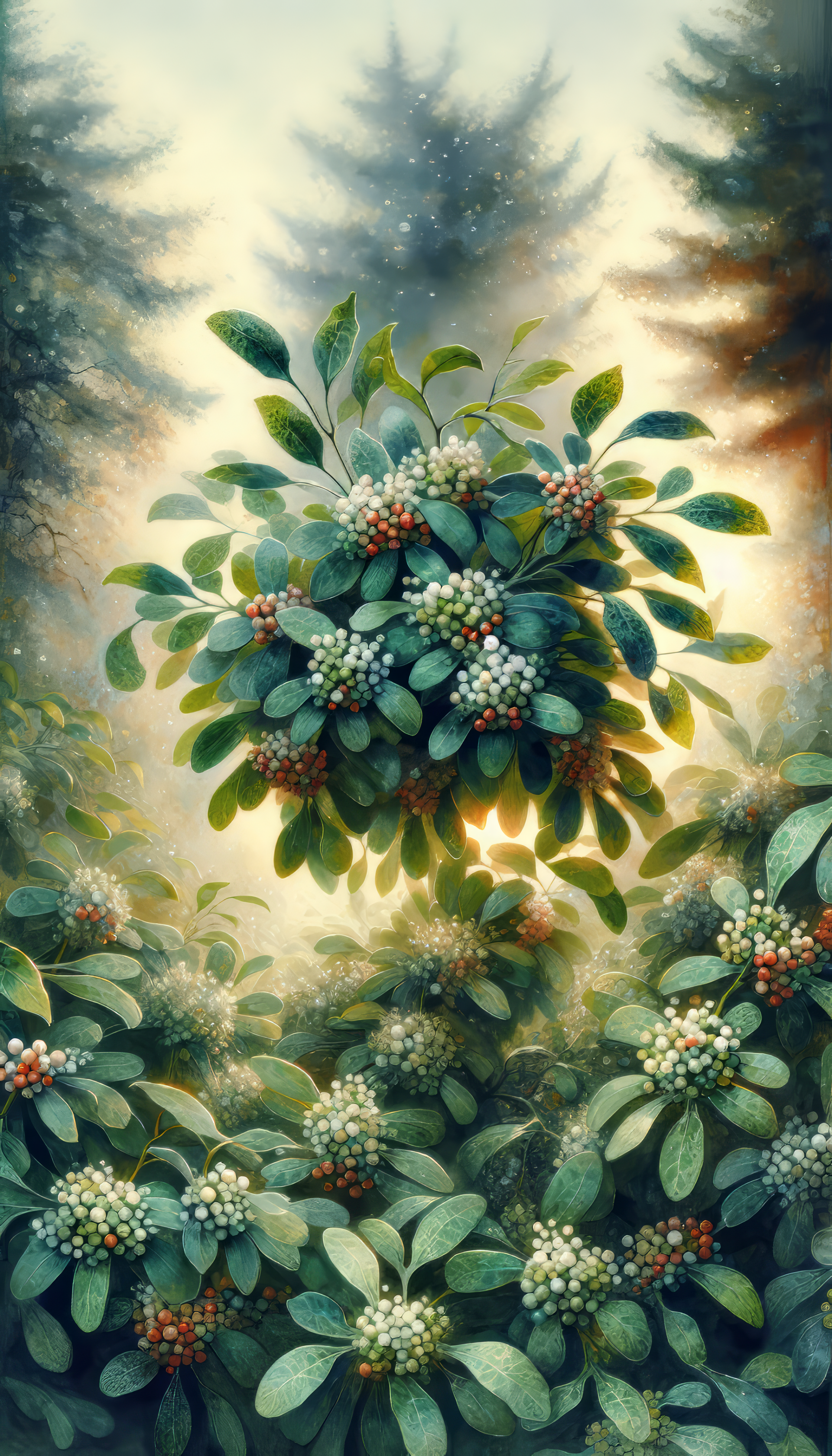 Enchanting mistletoe phone wallpaper with a mystical forest background for festive seasonal decor.
