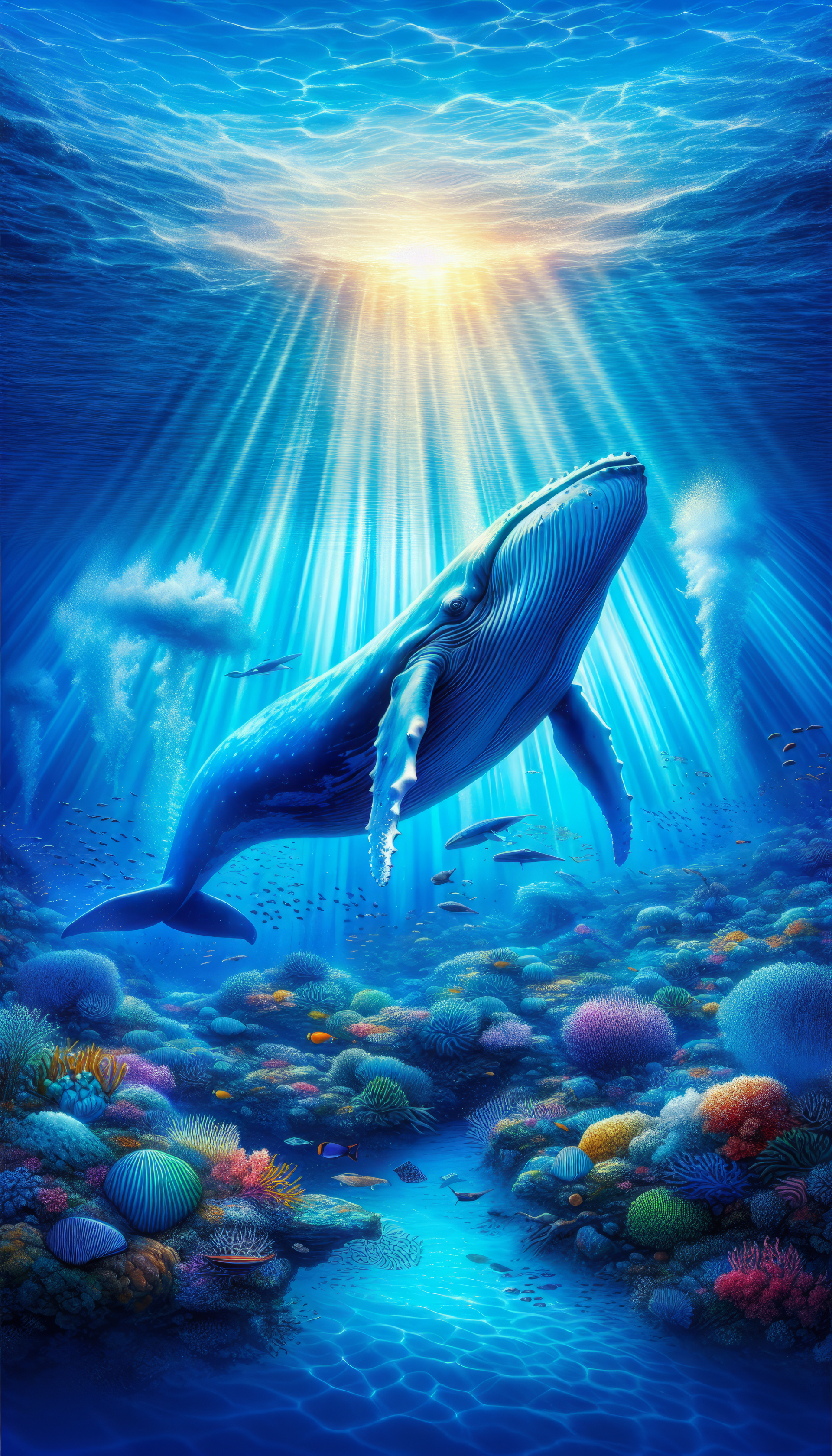 Stunning blue whale underwater phone wallpaper with vibrant coral reef and sunlight streaming through the ocean.