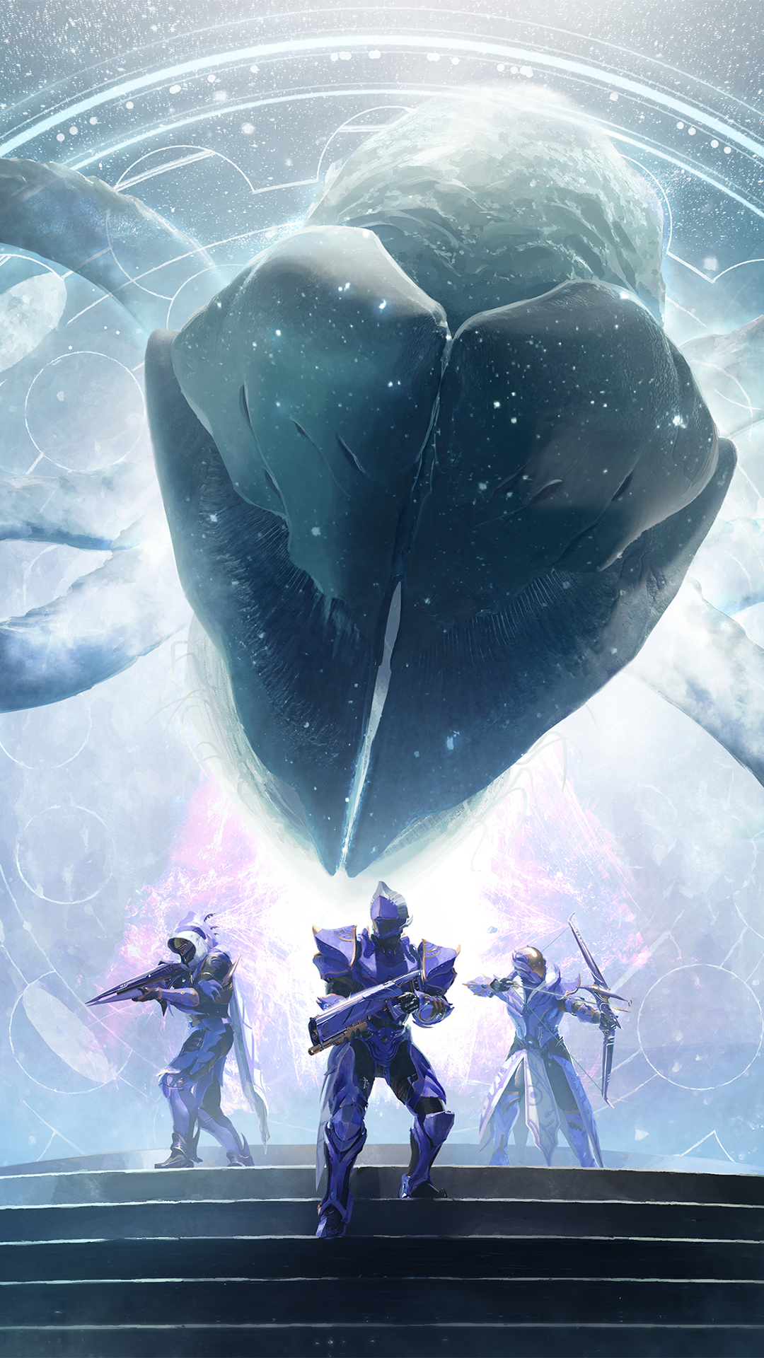 A striking Destiny 2 phone wallpaper featuring three armored guardians poised in battle, with a mysterious cosmic entity looming above them amidst a starry backdrop.