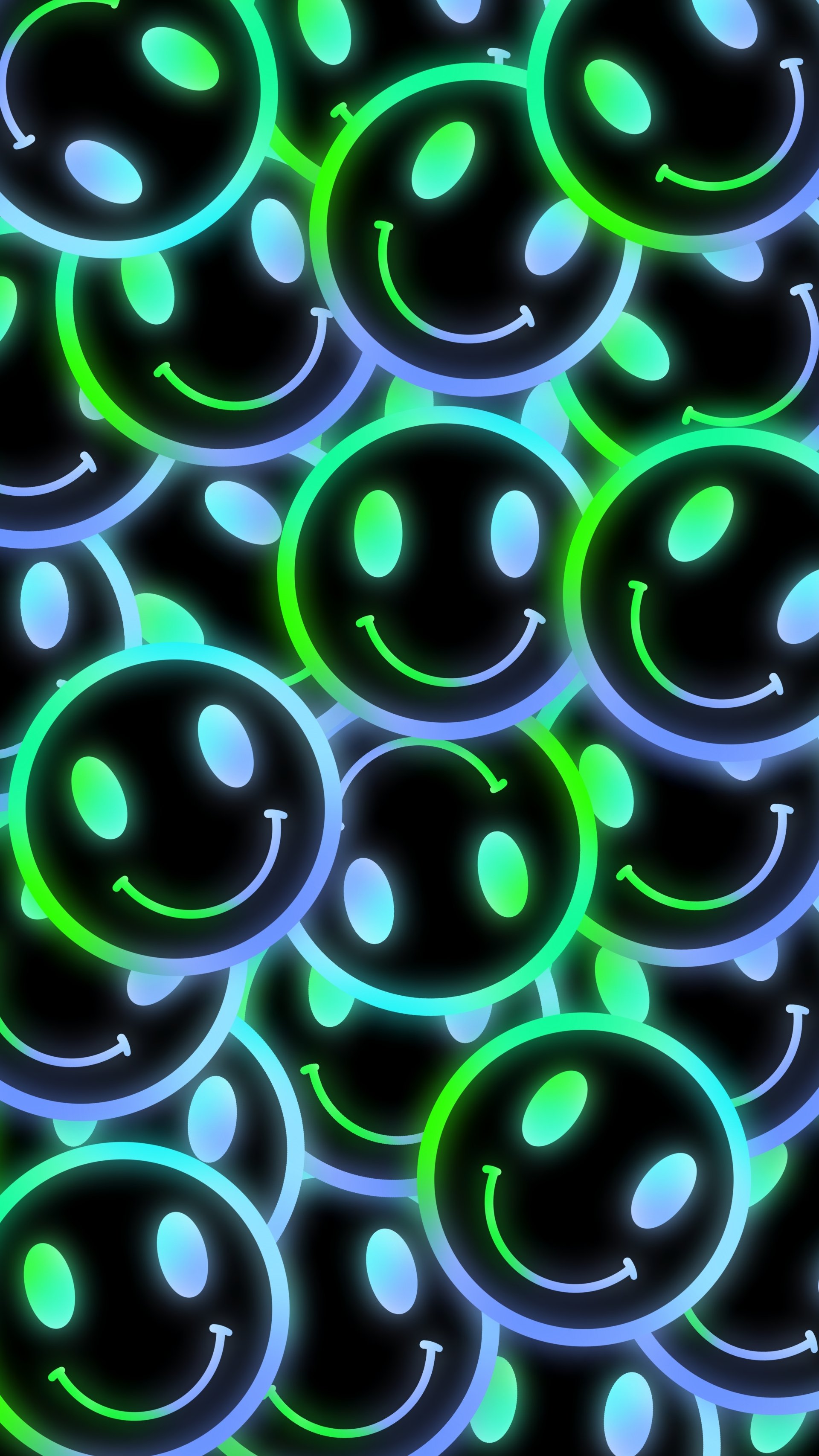Colorful neon smiley faces in green, blue, and purple glowing against a black background, designed as a vibrant phone wallpaper for iPhones and Android devices.