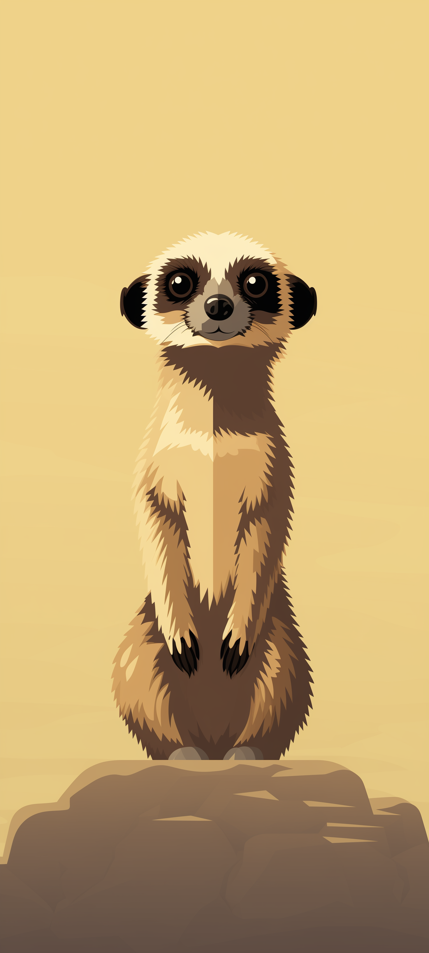 A stylized meerkat stands alert on a rock, set against a warm, yellow background, creating a charming phone wallpaper that captures the animal's curious nature.