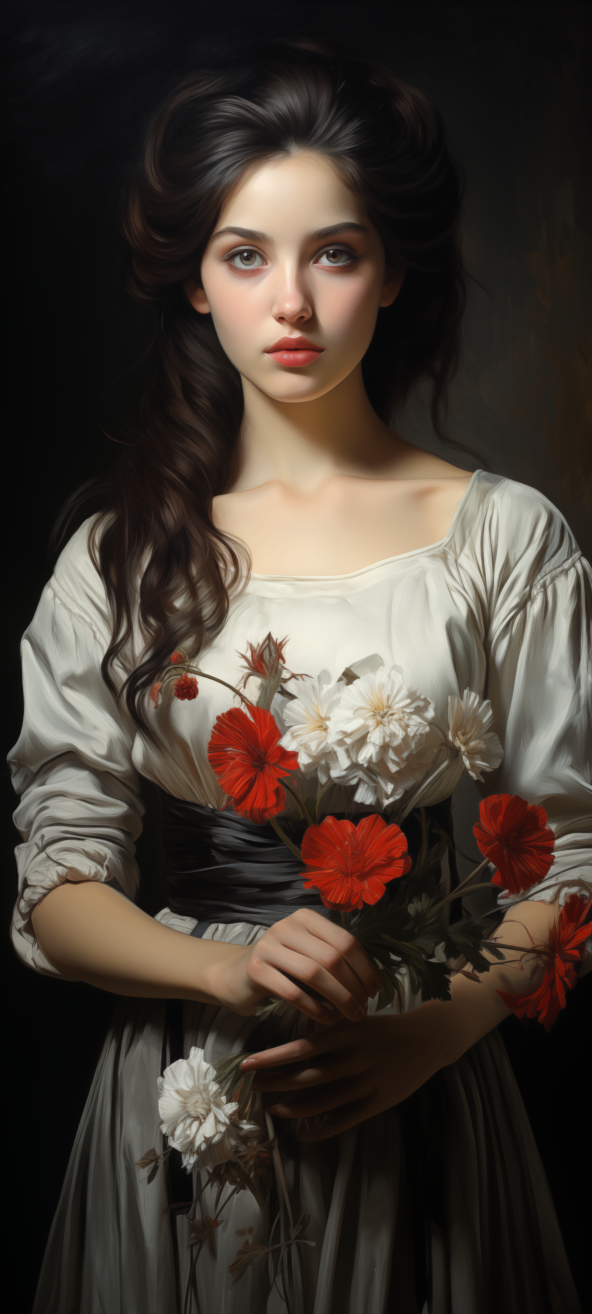 A woman in a white dress holds a bouquet of red flowers, exuding elegance and grace—a captivating phone wallpaper that adds beauty to any screen.
