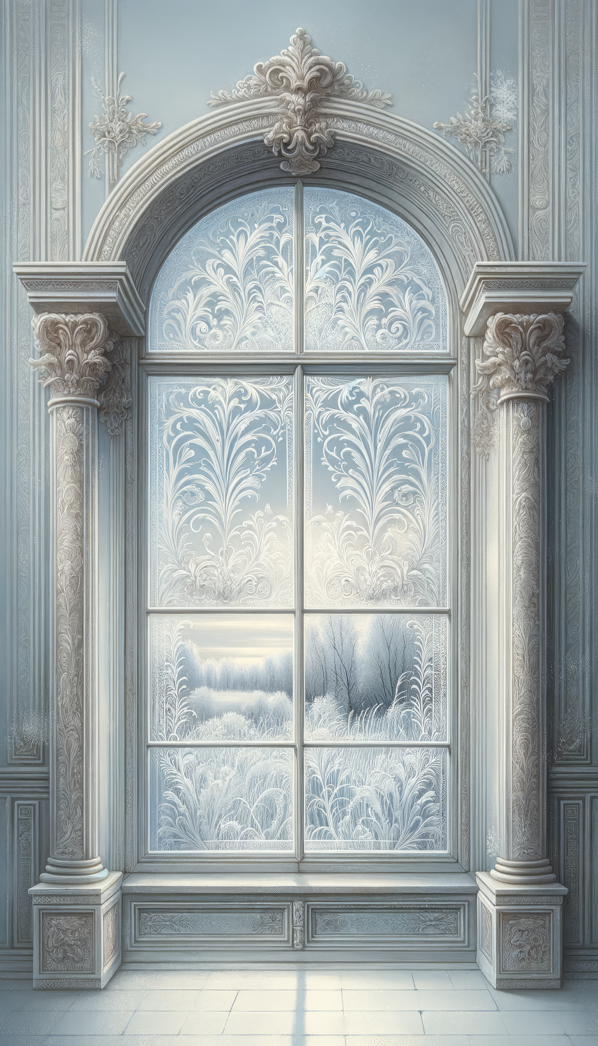 Elegant phone wallpaper featuring a frosty window with intricate ice patterns on glass, encased in a classic ornate frame.