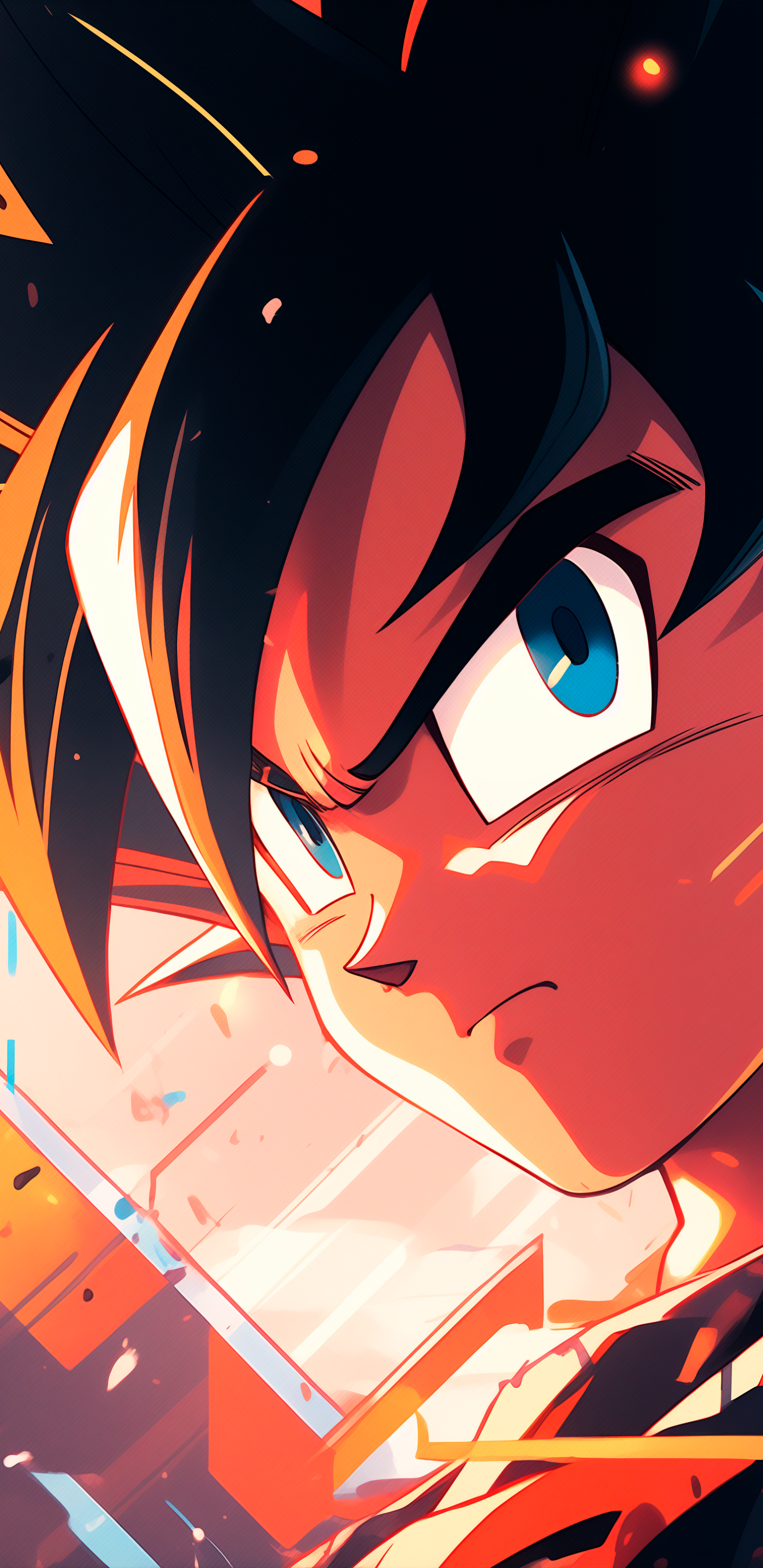 Close-up anime-style portrait of Goku from Dragon Ball, with vibrant colors and dynamic lighting, designed as a phone wallpaper compatible with iPhones and Android devices.