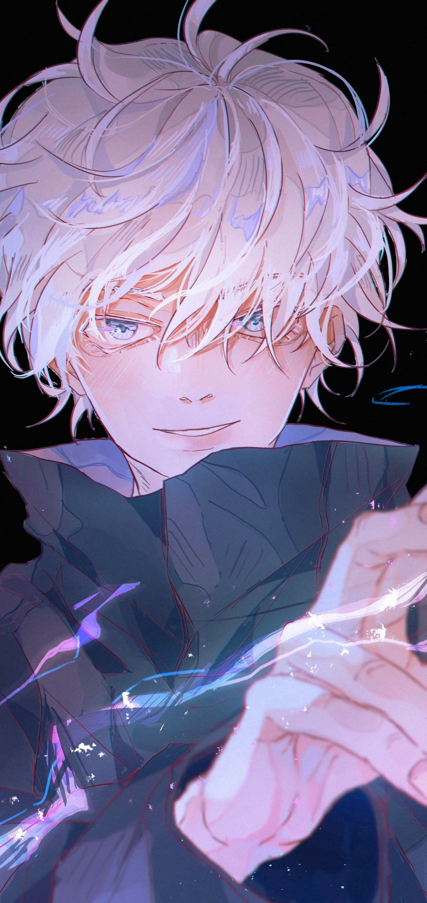 Phone wallpaper of Satoru Gojo from Jujutsu Kaisen anime, featuring his white hair and blue eyes with a glowing energy effect, designed for iPhones and Android devices.