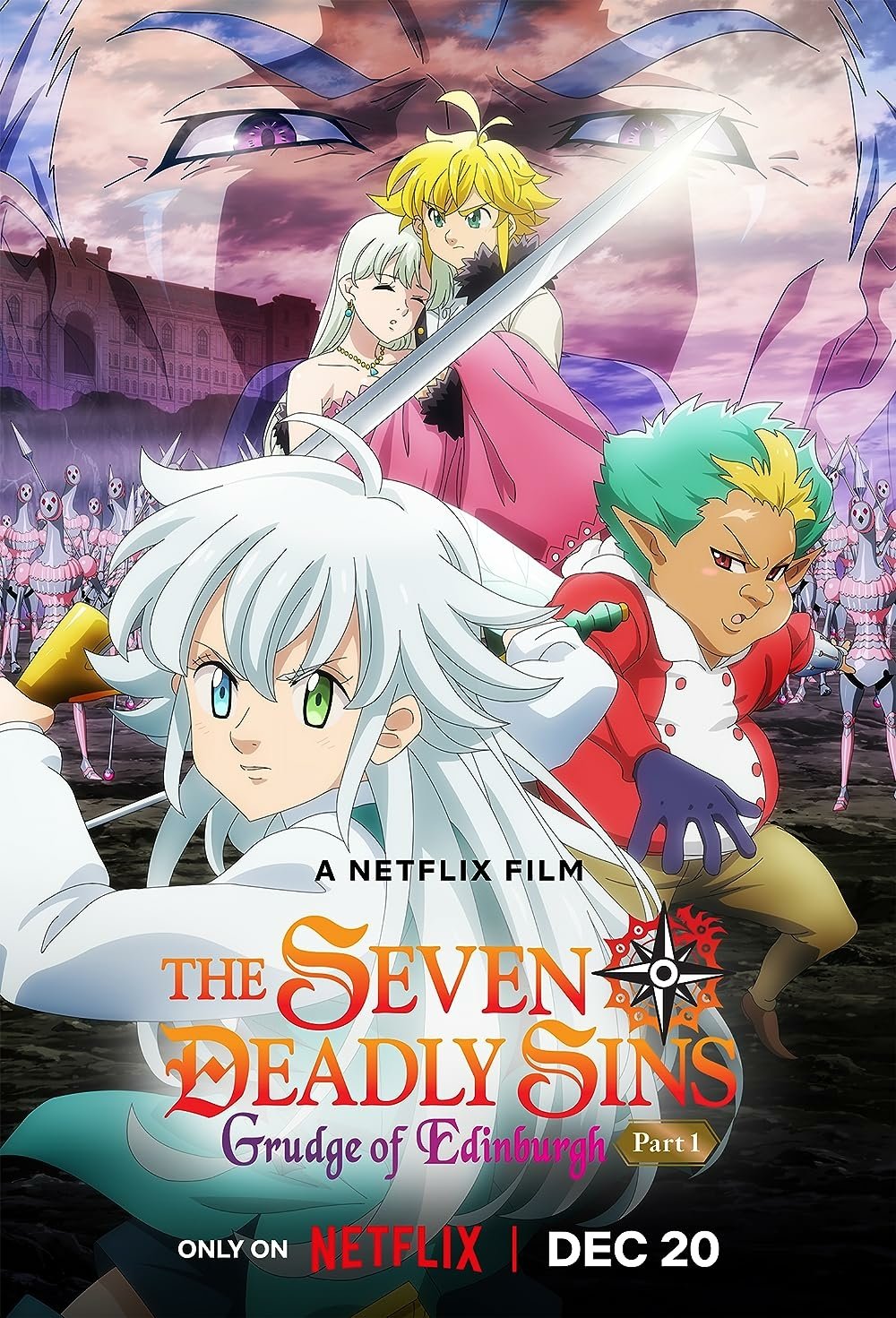 Phone wallpaper featuring characters from 'The Seven Deadly Sins: Grudge of Edinburgh' movie, available on Netflix from December 20th.