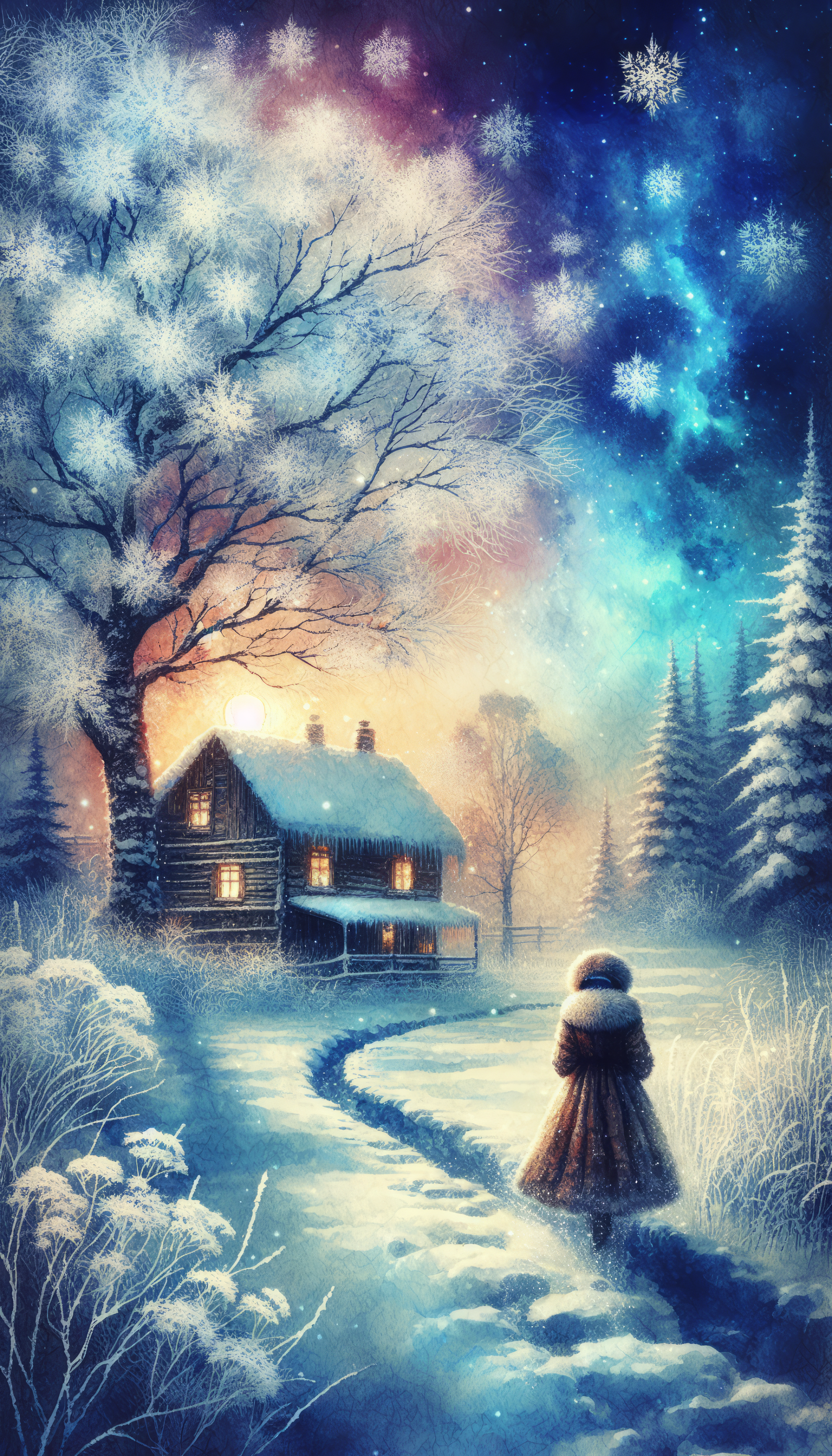 Winter scene phone wallpaper featuring a cozy cottage amidst snow-covered trees with a starry sky and a figure in the foreground.