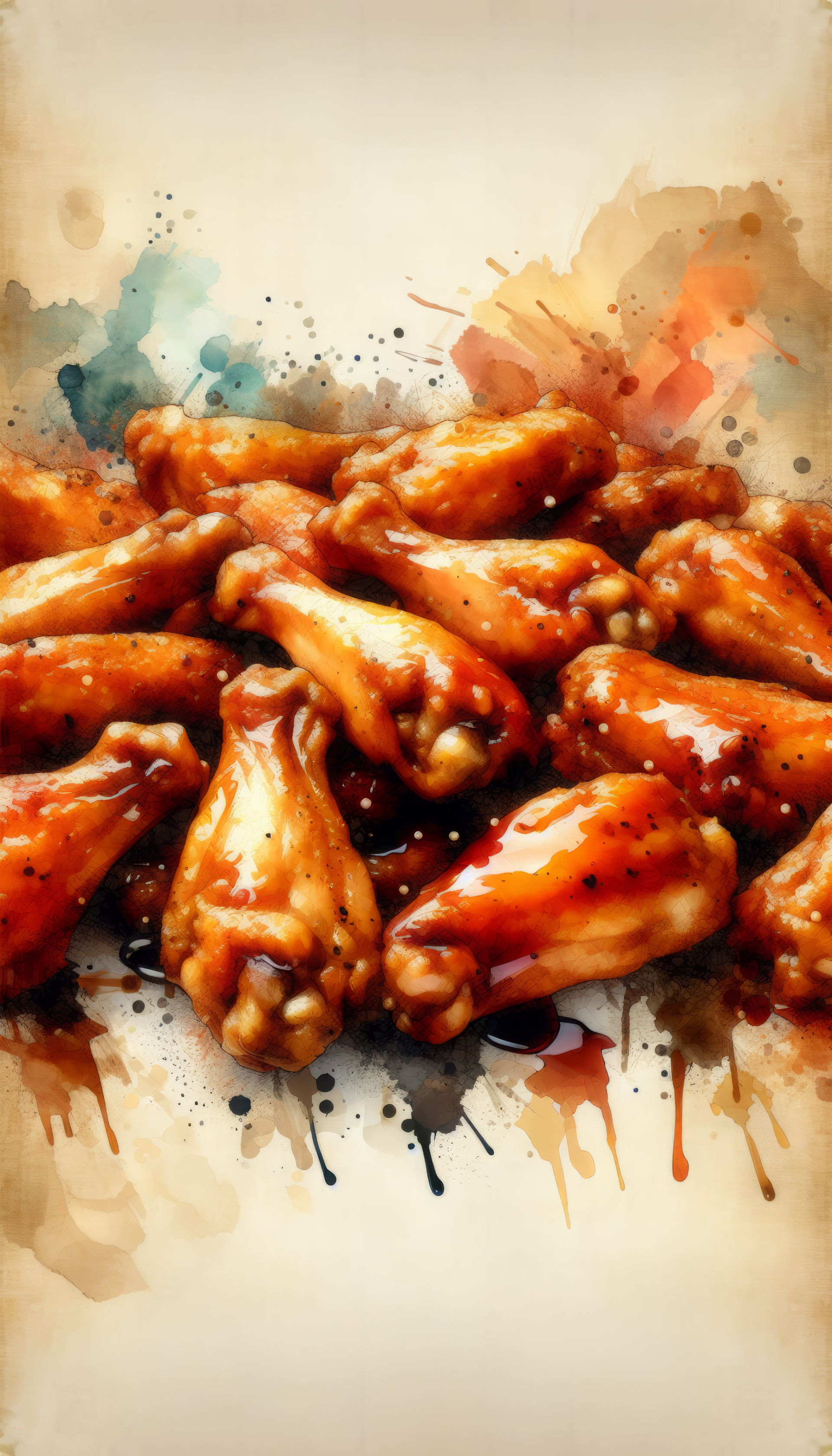 Artistic phone wallpaper featuring a mouth-watering display of glazed chicken wings with a watercolor background.