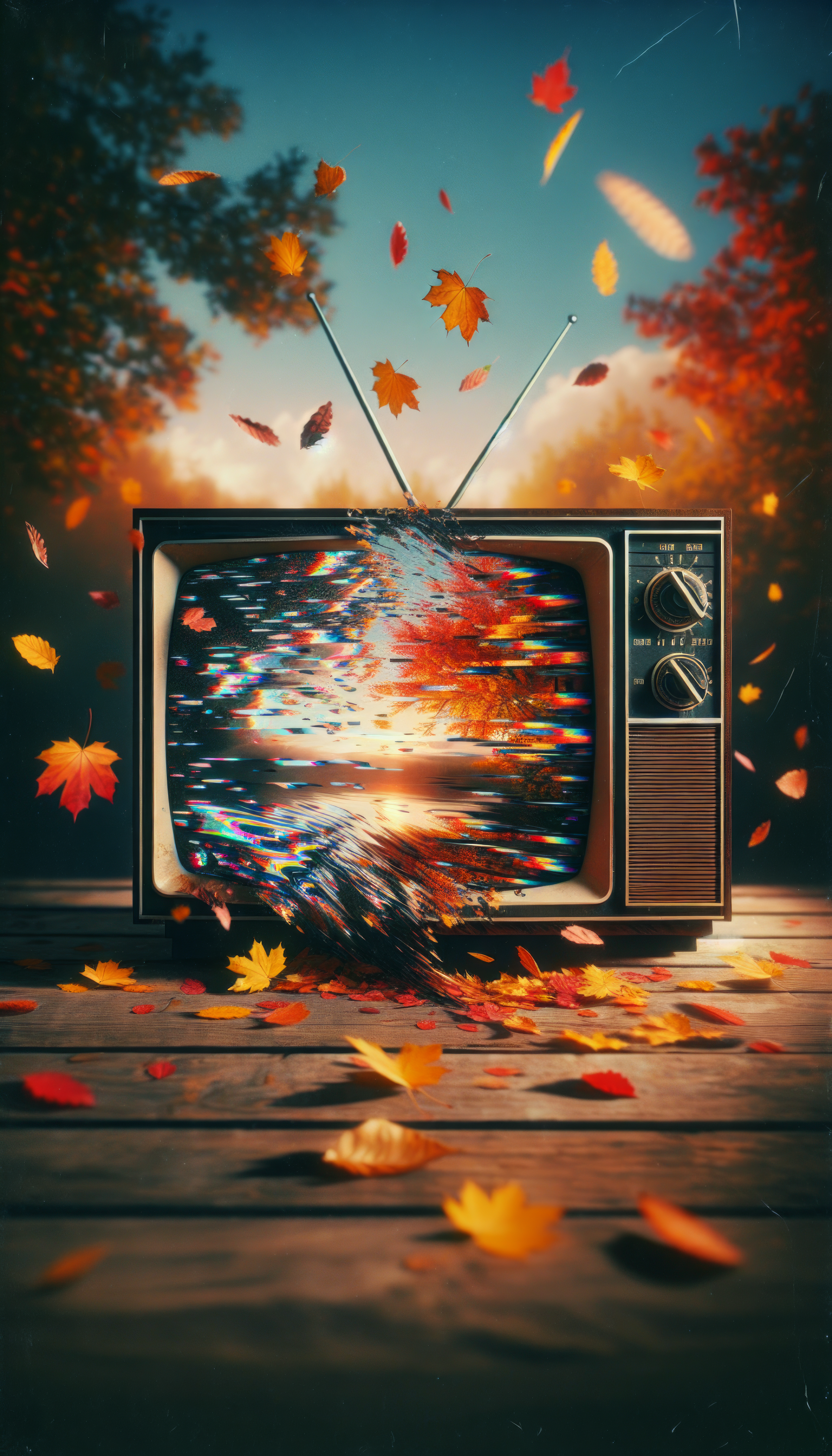 A vintage television spills vibrant colors and falling leaves, blending autumn scenery with a surreal touch, creating a captivating phone wallpaper.