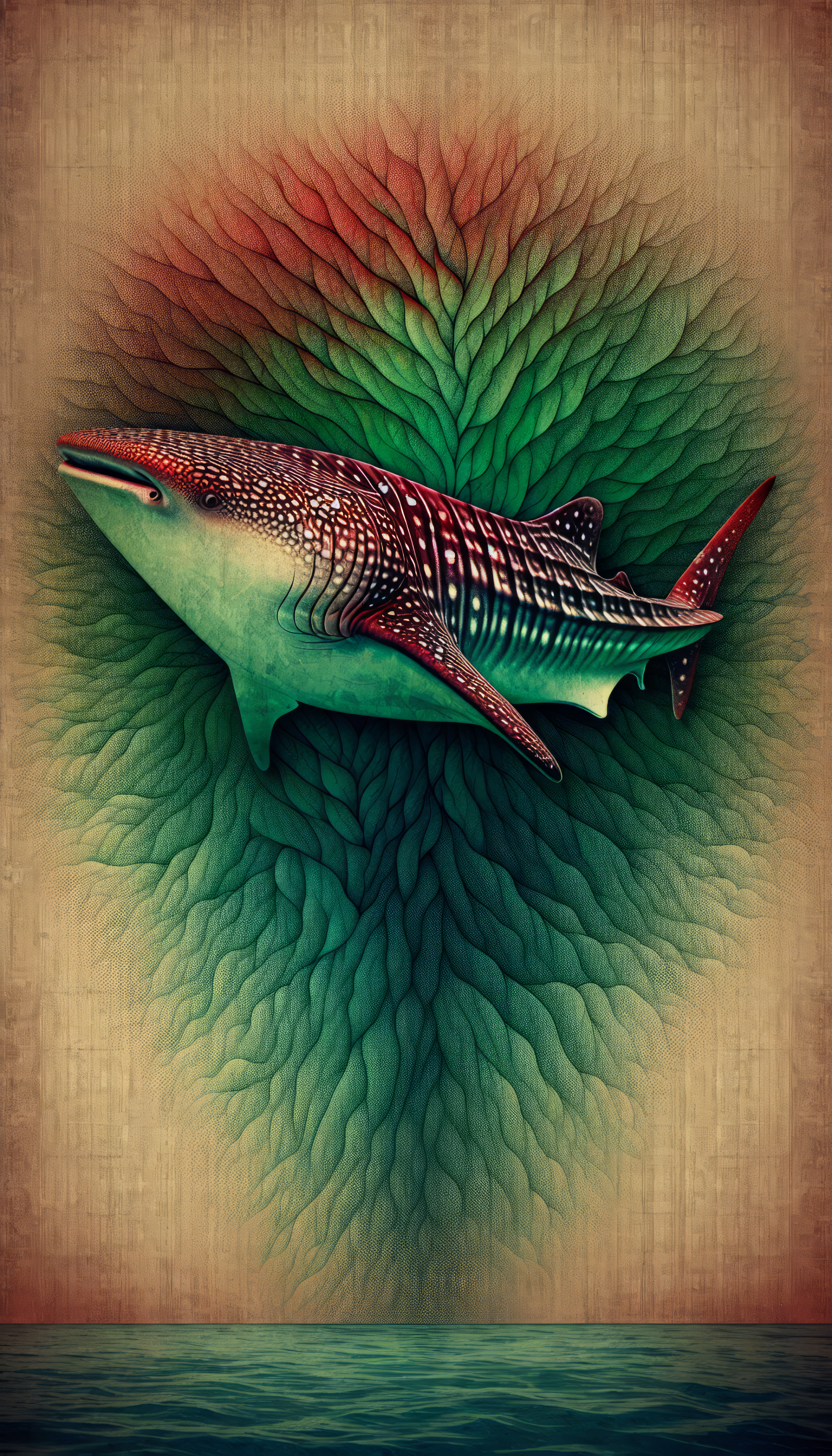 Artistic whale shark phone wallpaper featuring a colorful illustration of a whale shark with a vibrant leaf-like backdrop.