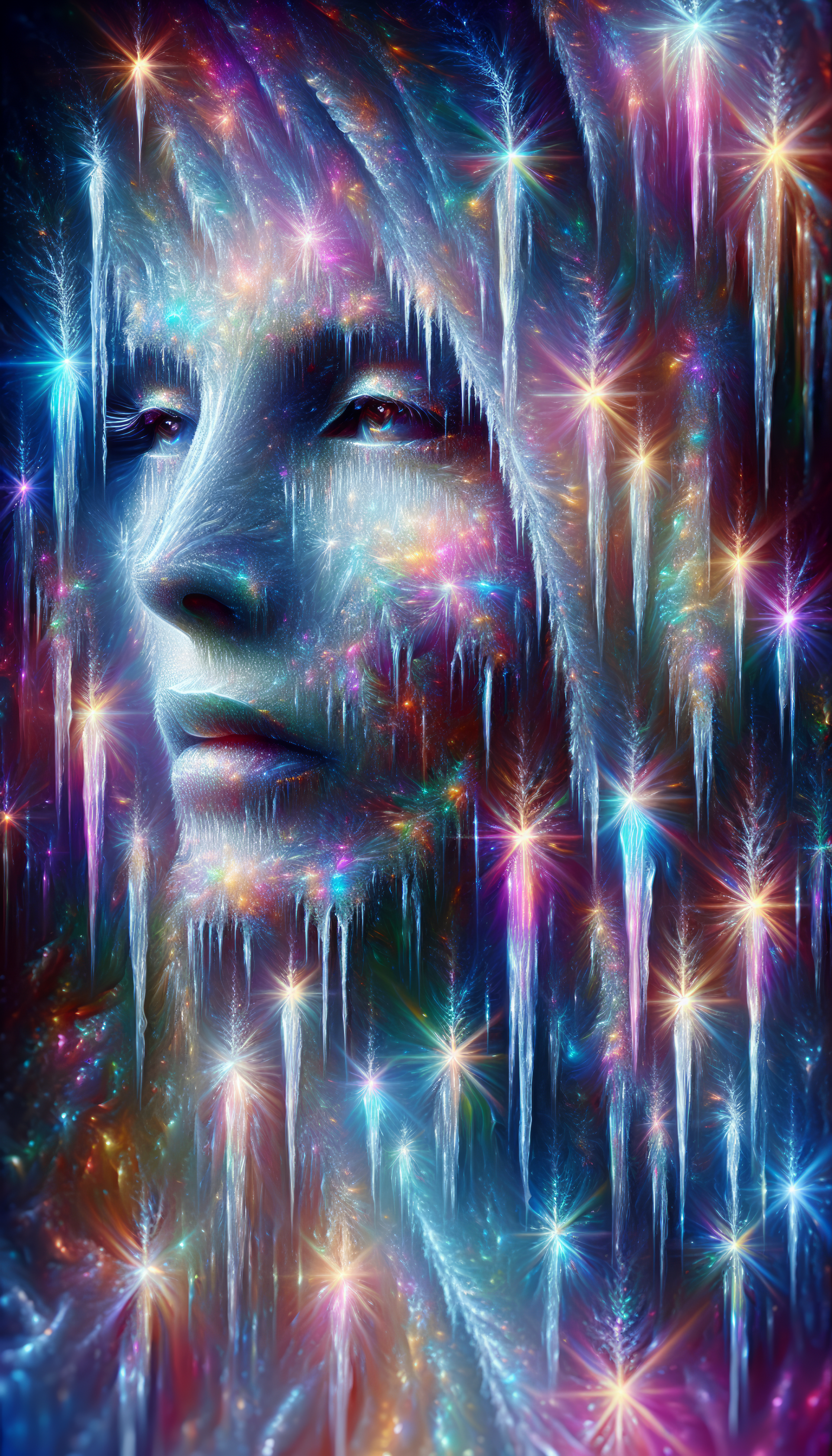 Abstract phone wallpaper featuring a stylized face enveloped in shimmering icicles and vibrant, twinkling lights.