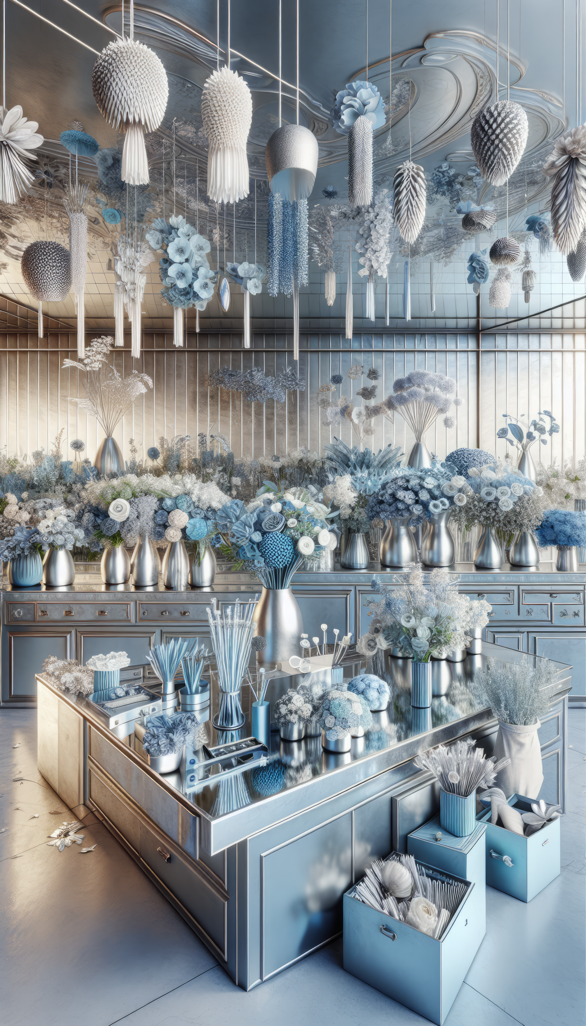 A serene flower shop featuring a stunning display of blue and white floral arrangements, elegantly arranged on a glossy table, surrounded by various decorative elements—a beautiful phone wallpaper.