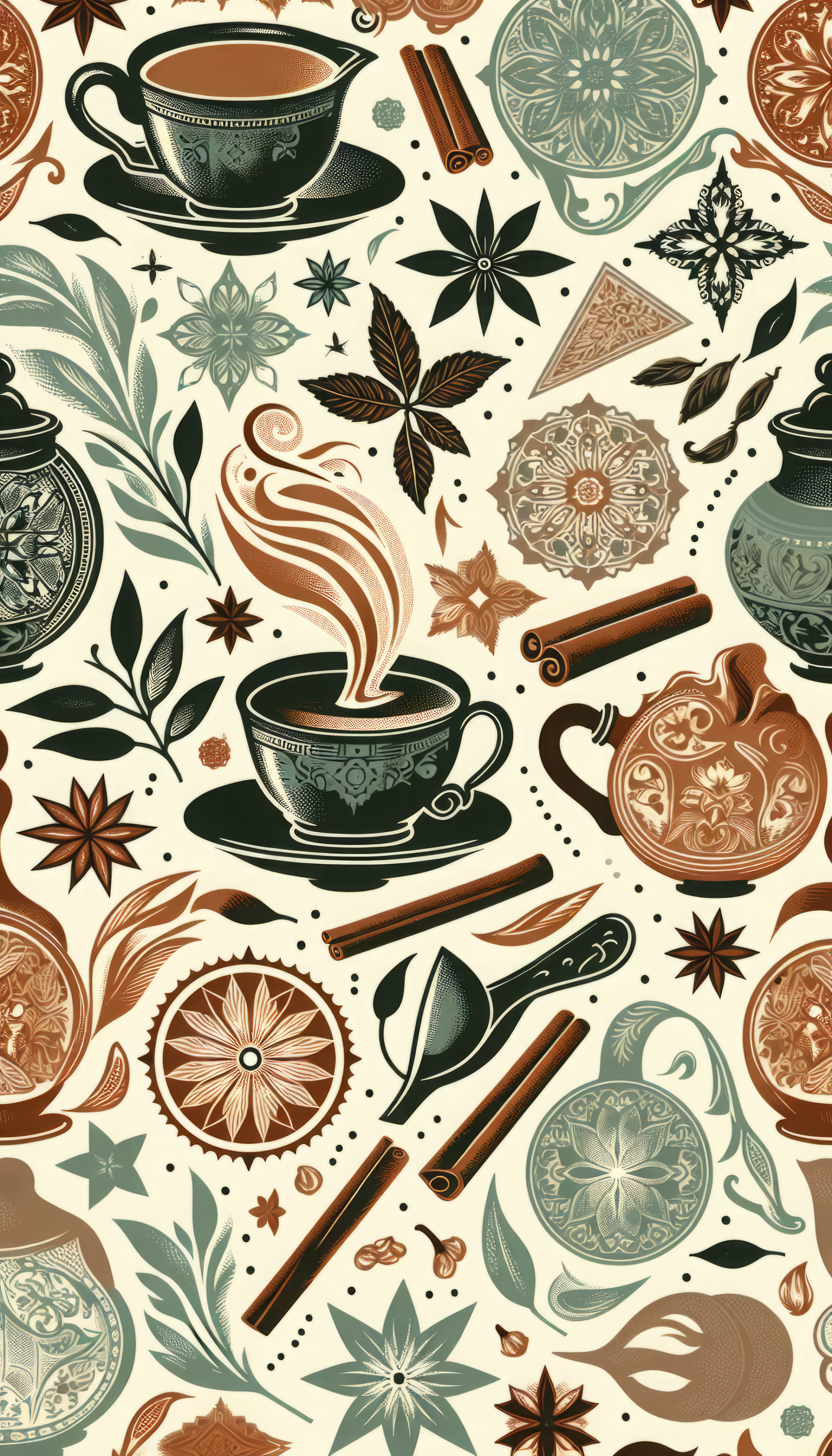 Chai tea inspired phone wallpaper featuring a pattern of teacups, spices, and decorative elements.