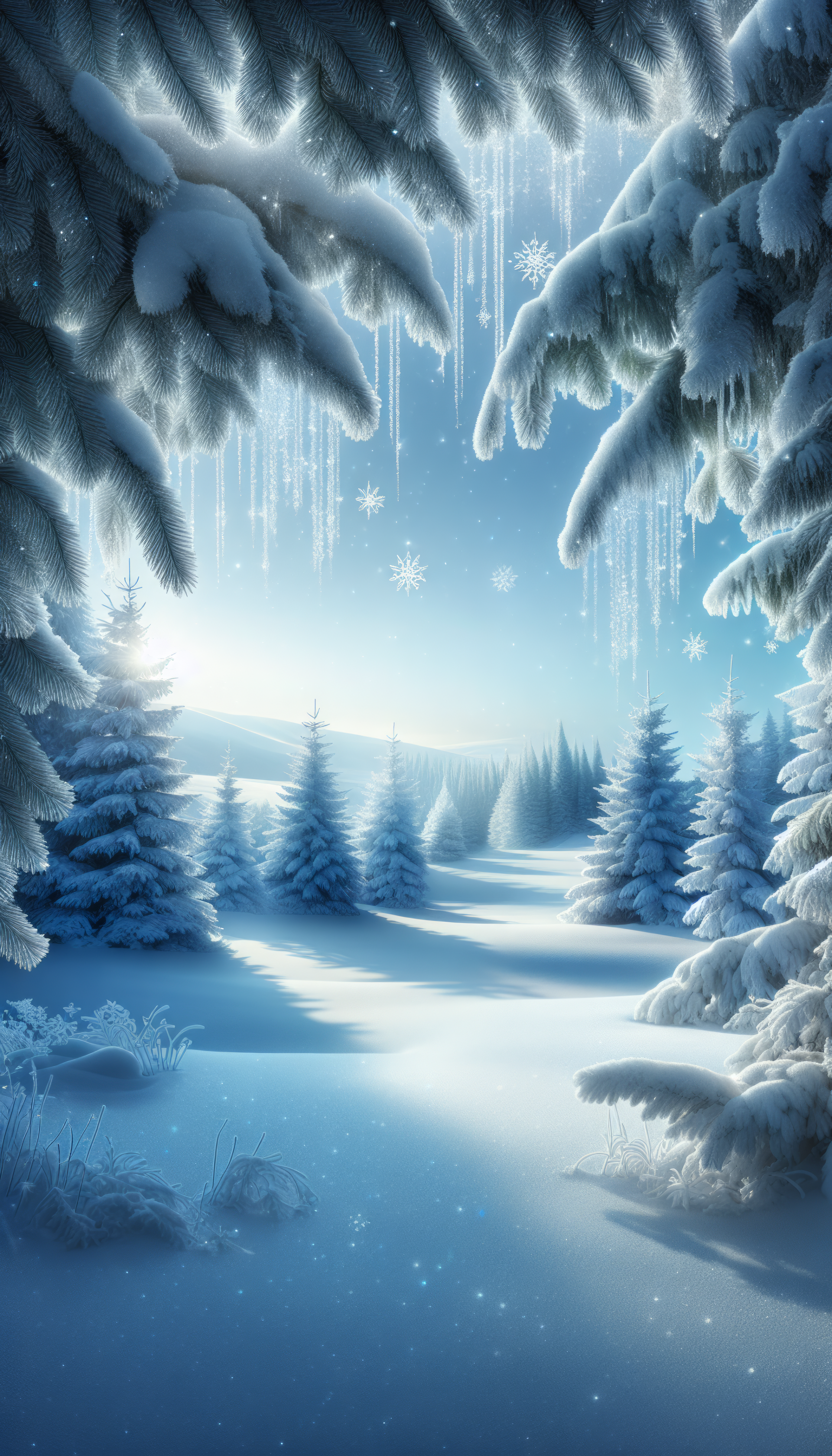 Winter wonderland phone wallpaper with snow-covered trees and sparkling snowflakes.