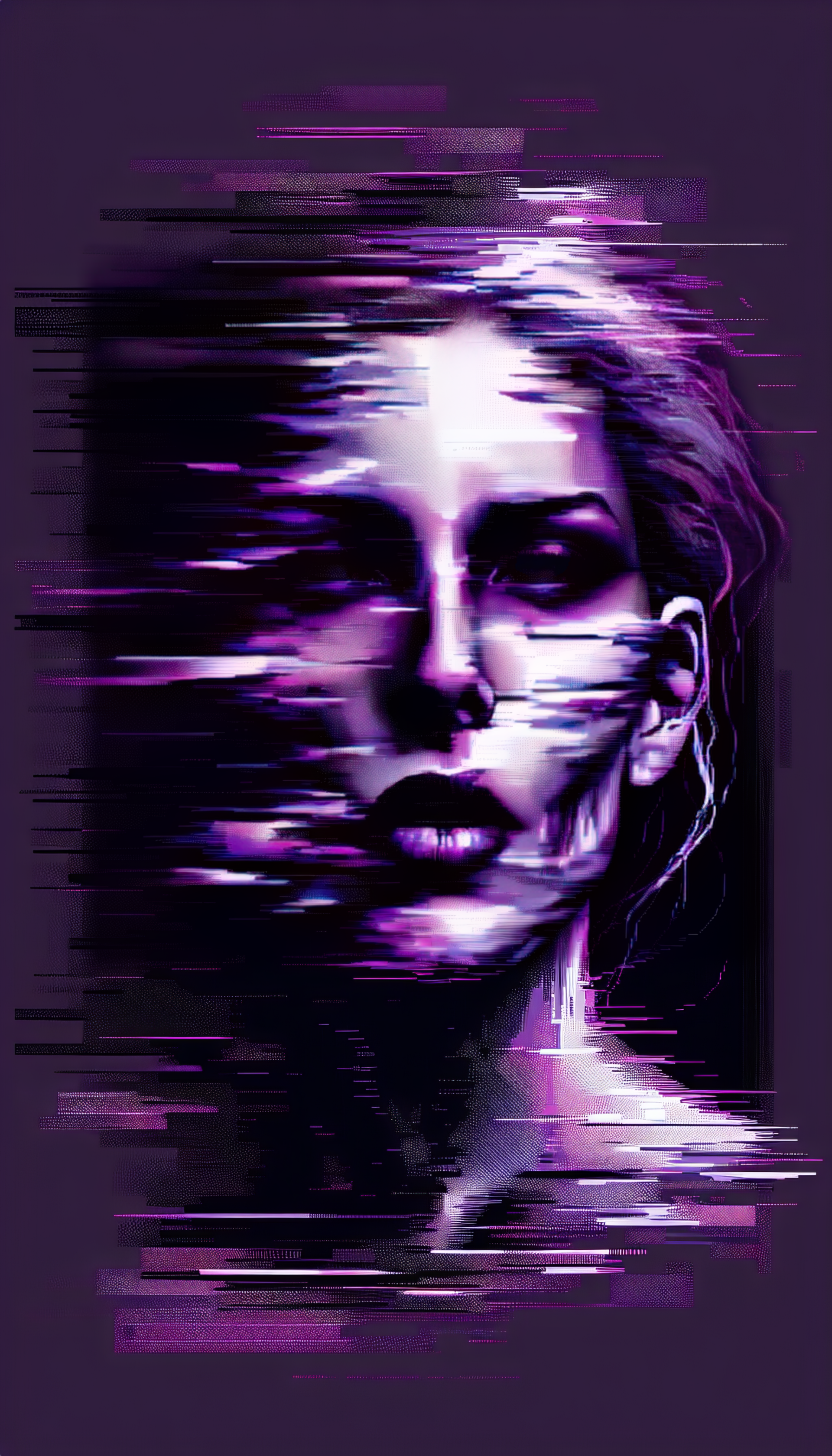 Abstract purple aesthetic phone wallpaper featuring a glitch art portrait of a woman.