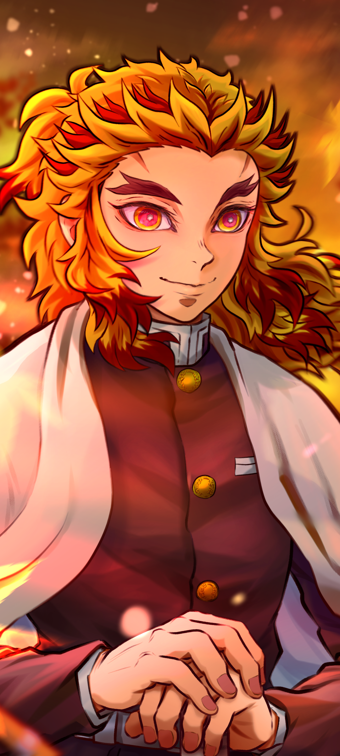 Kyojuro Rengoku from Demon Slayer: Kimetsu no Yaiba, fiery hair and glowing eyes amid embers, vertical phone wallpaper for iPhone and Android.
