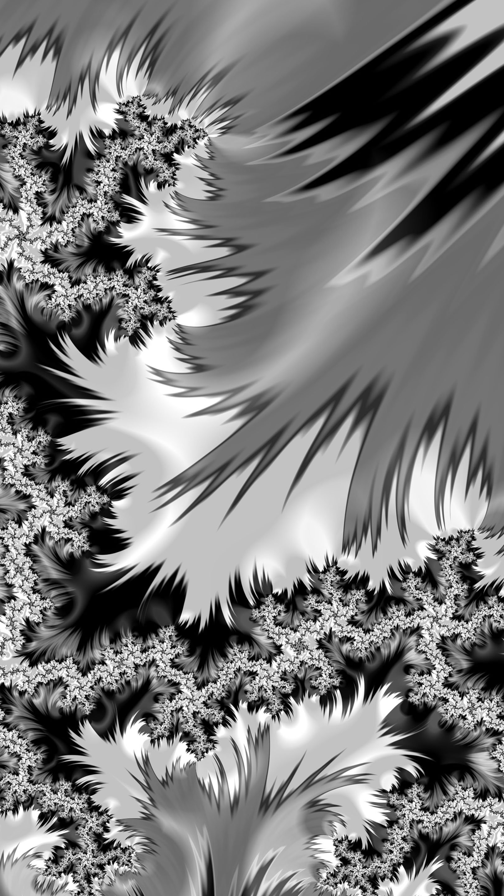 Black and white trippy psychedelic fractal abstract design as a phone wallpaper, compatible with both iPhones and Android devices.