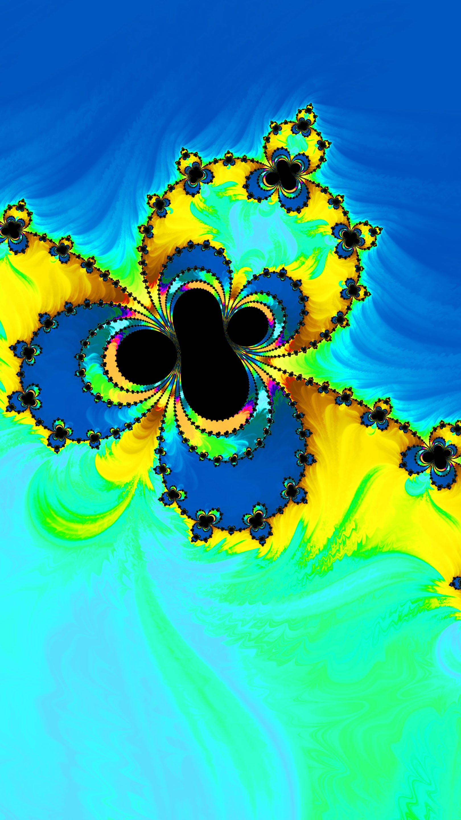 Abstract blue fractal design with vibrant yellow and black accents, creating a dynamic pattern for use as a phone wallpaper on iPhones and Android devices.